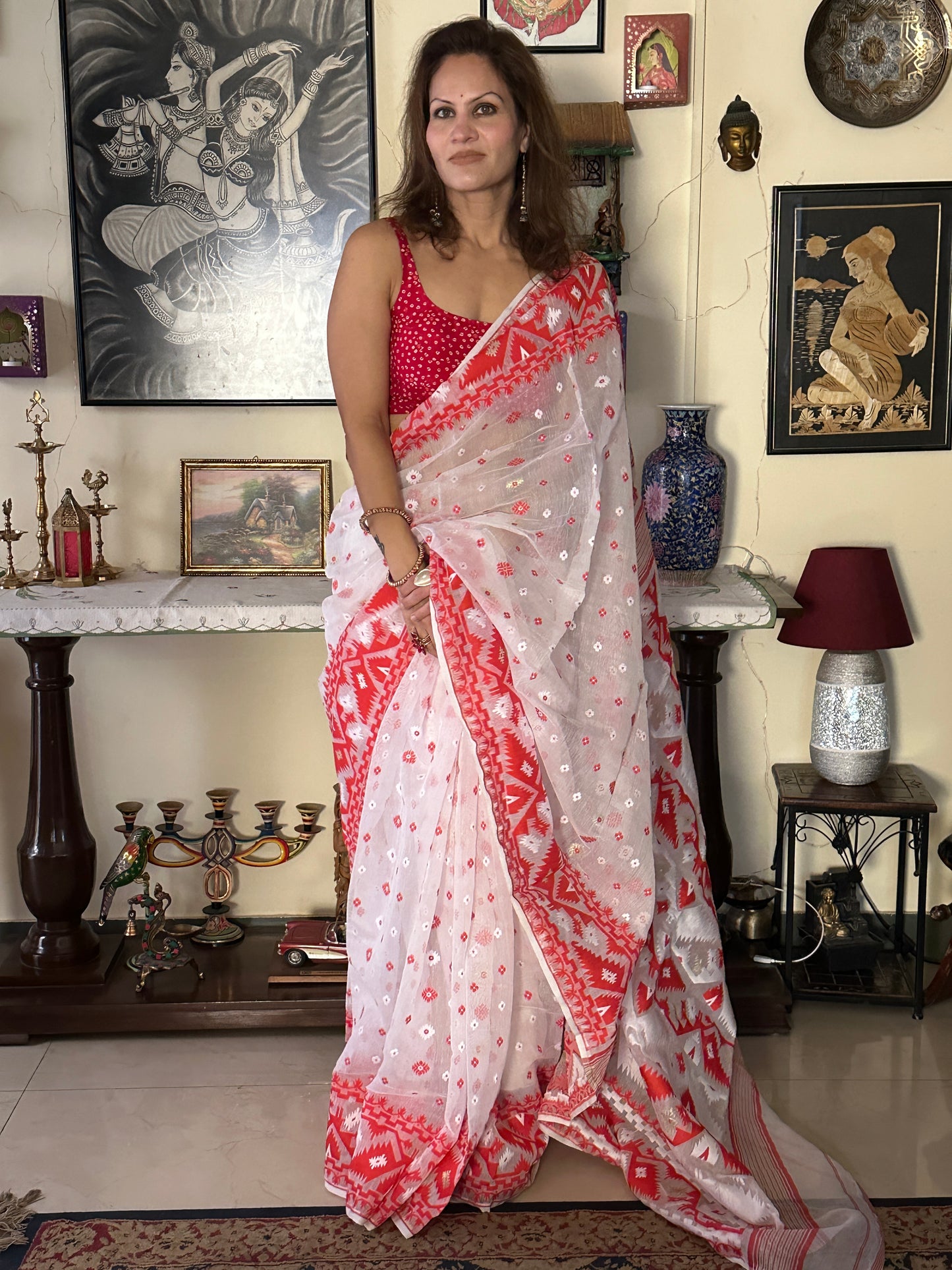 White & Red Jacquard Weaving Cotton Silk Jamdani Saree with Zari Work