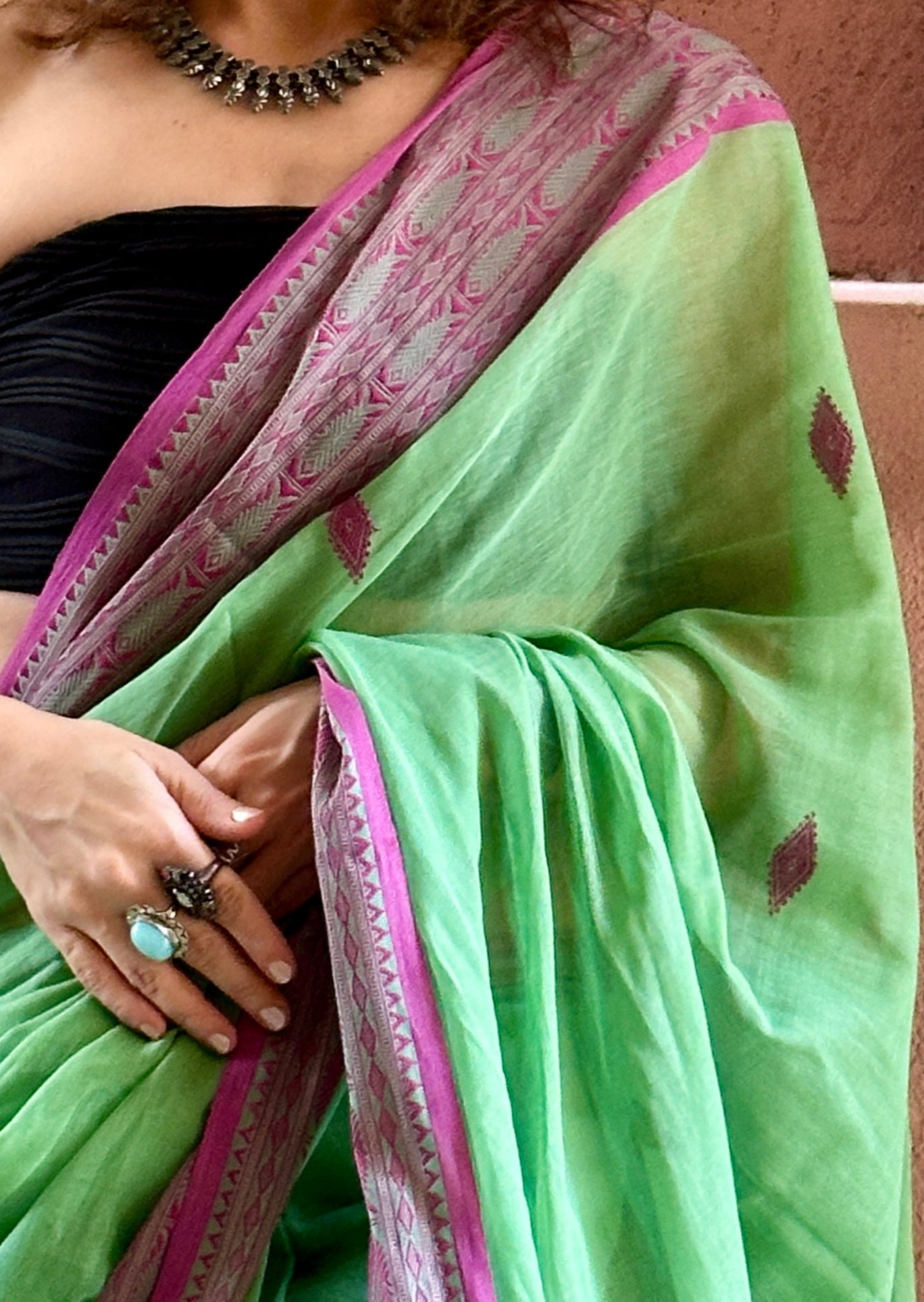 Green Pure Handloom Hand Spun Cotton Saree with Fish Motifs