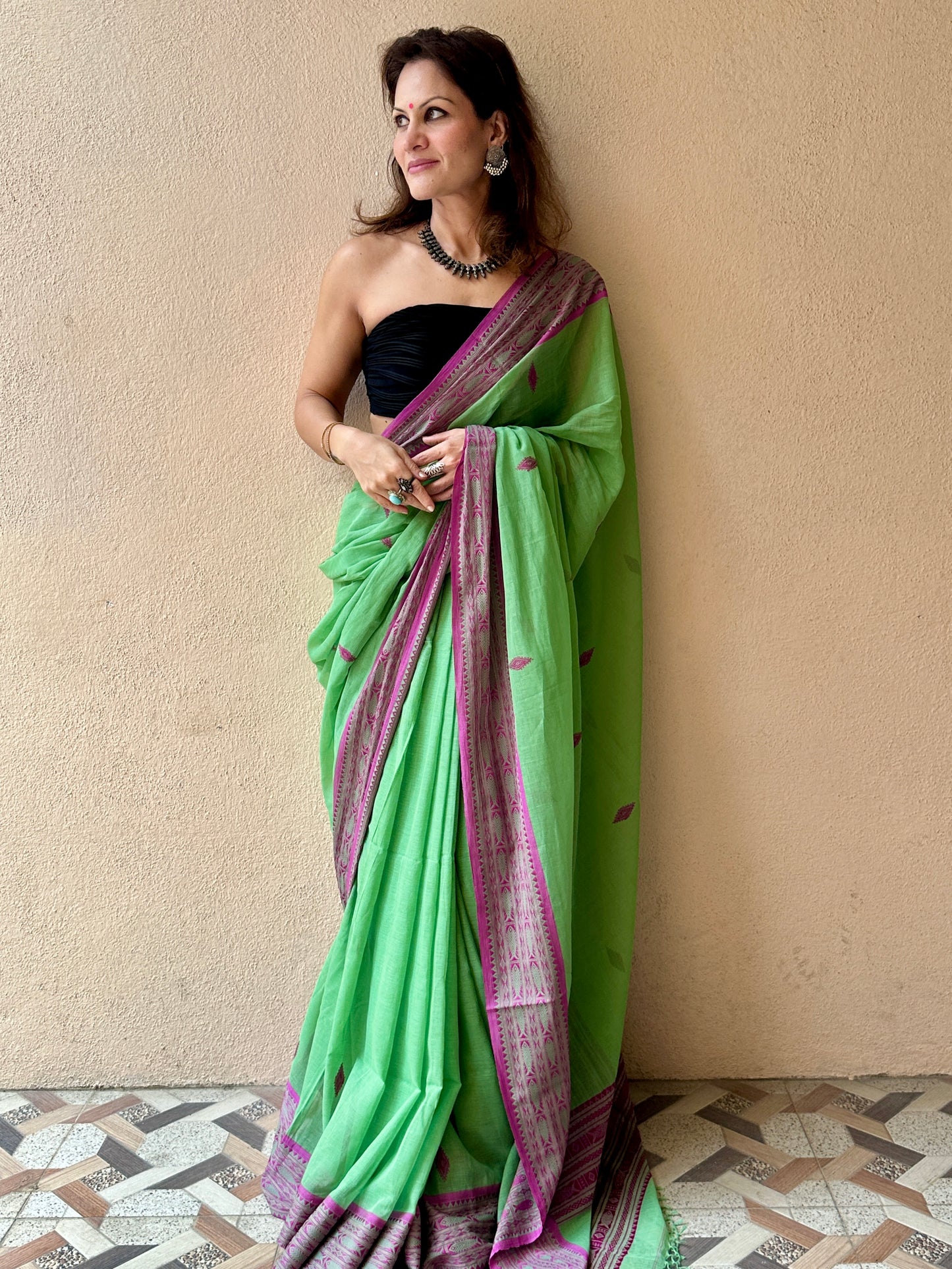 Green Pure Handloom Hand Spun Cotton Saree with Fish Motifs