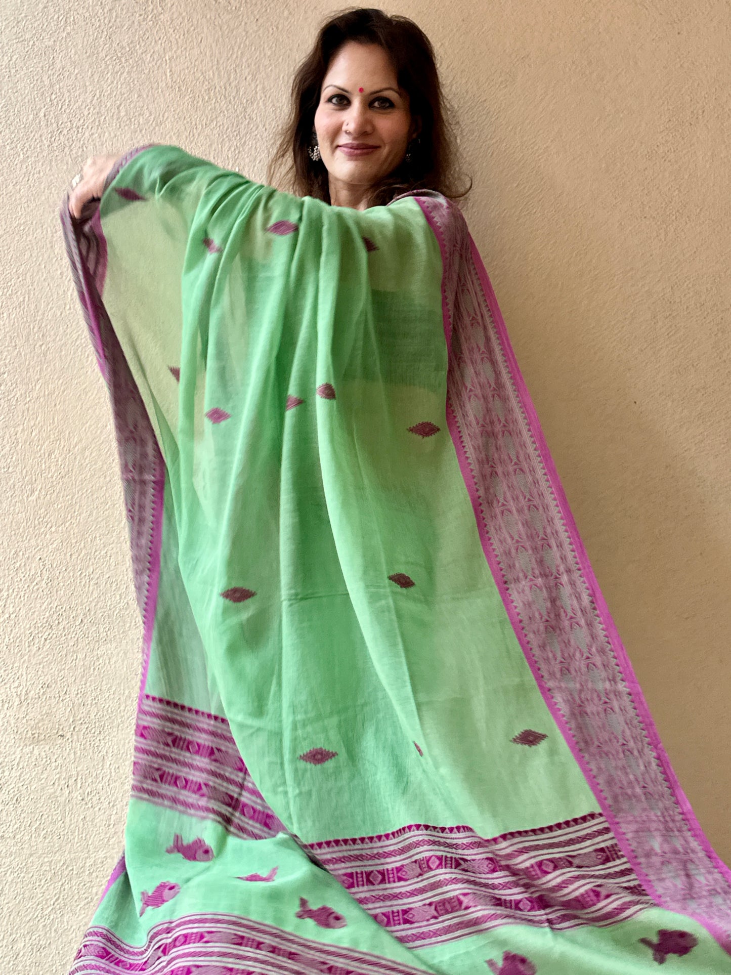 Green Pure Handloom Hand Spun Cotton Saree with Fish Motifs