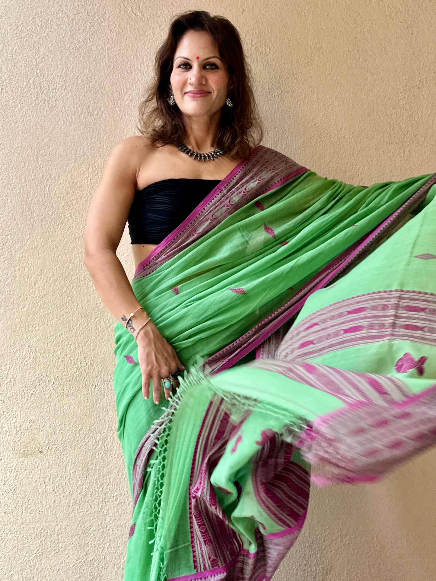 Green Pure Handloom Hand Spun Cotton Saree with Fish Motifs