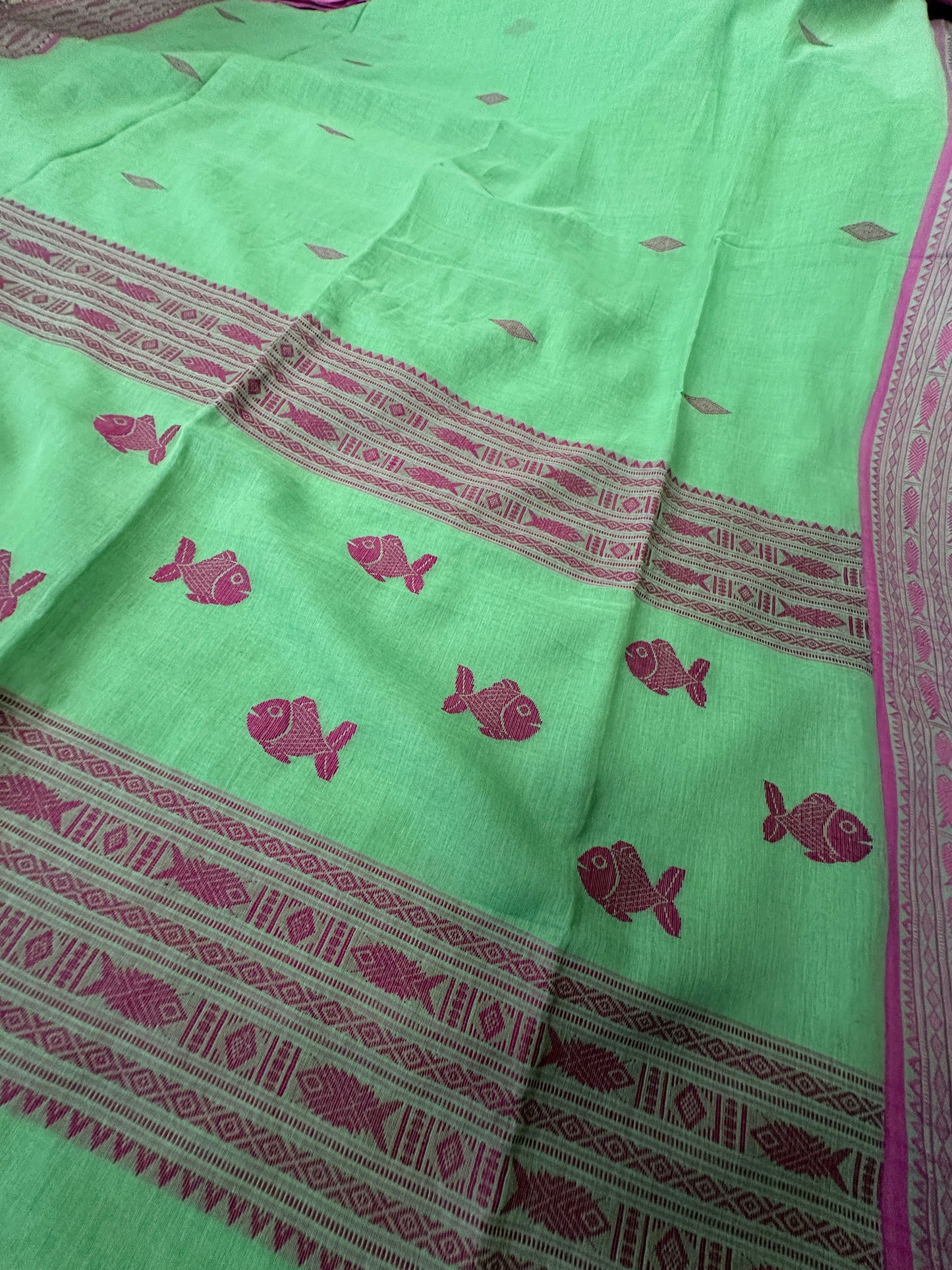 Green Pure Handloom Hand Spun Cotton Saree with Fish Motifs