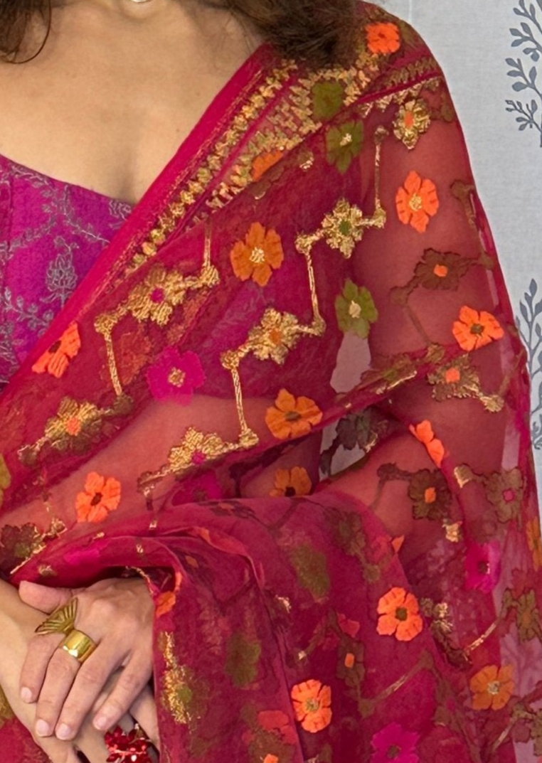 Pink & Orange Pure Muslin Silk Handloom Jamdani Sari