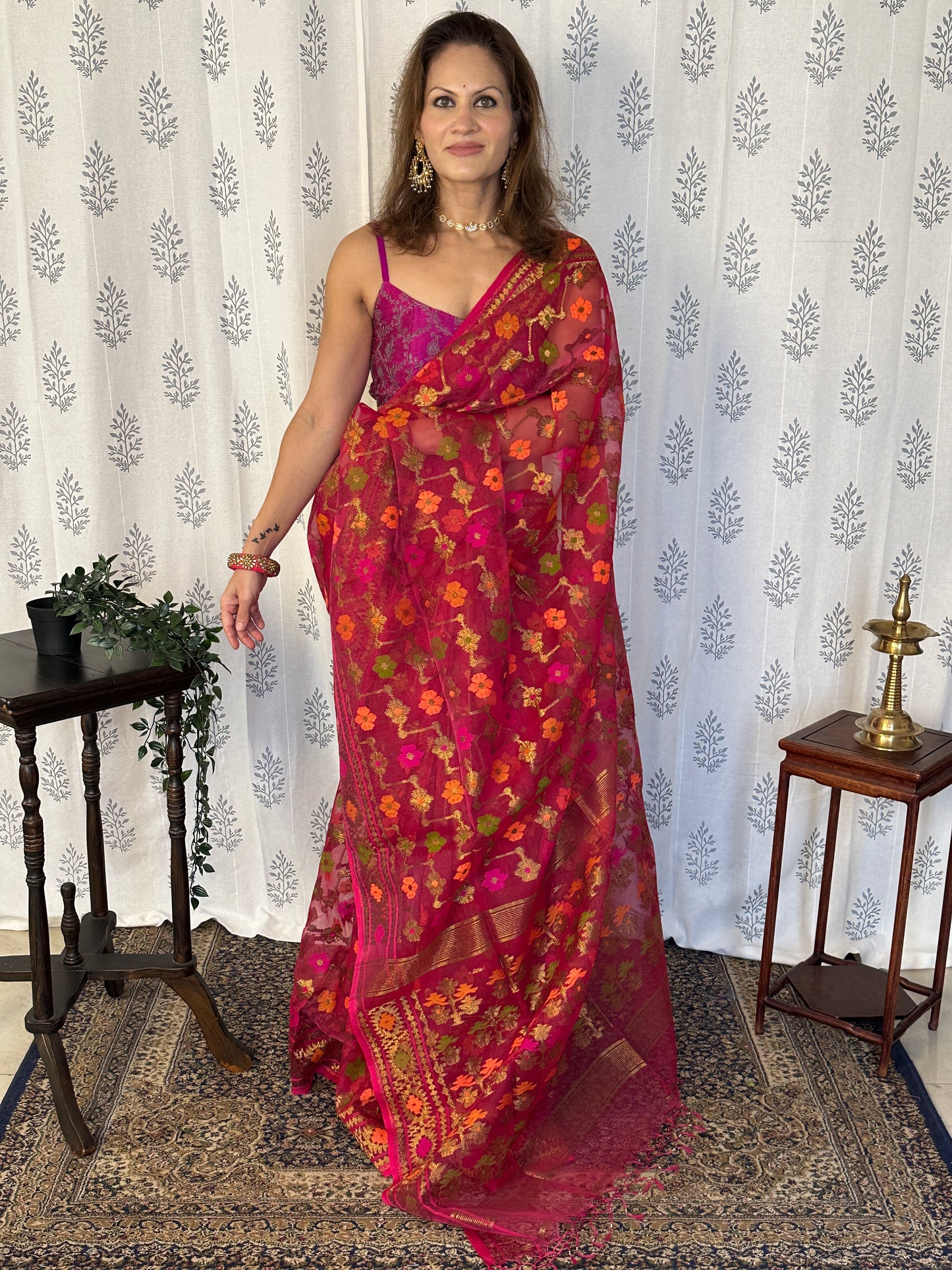 Pink & Orange Pure Muslin Silk Handloom Jamdani Sari