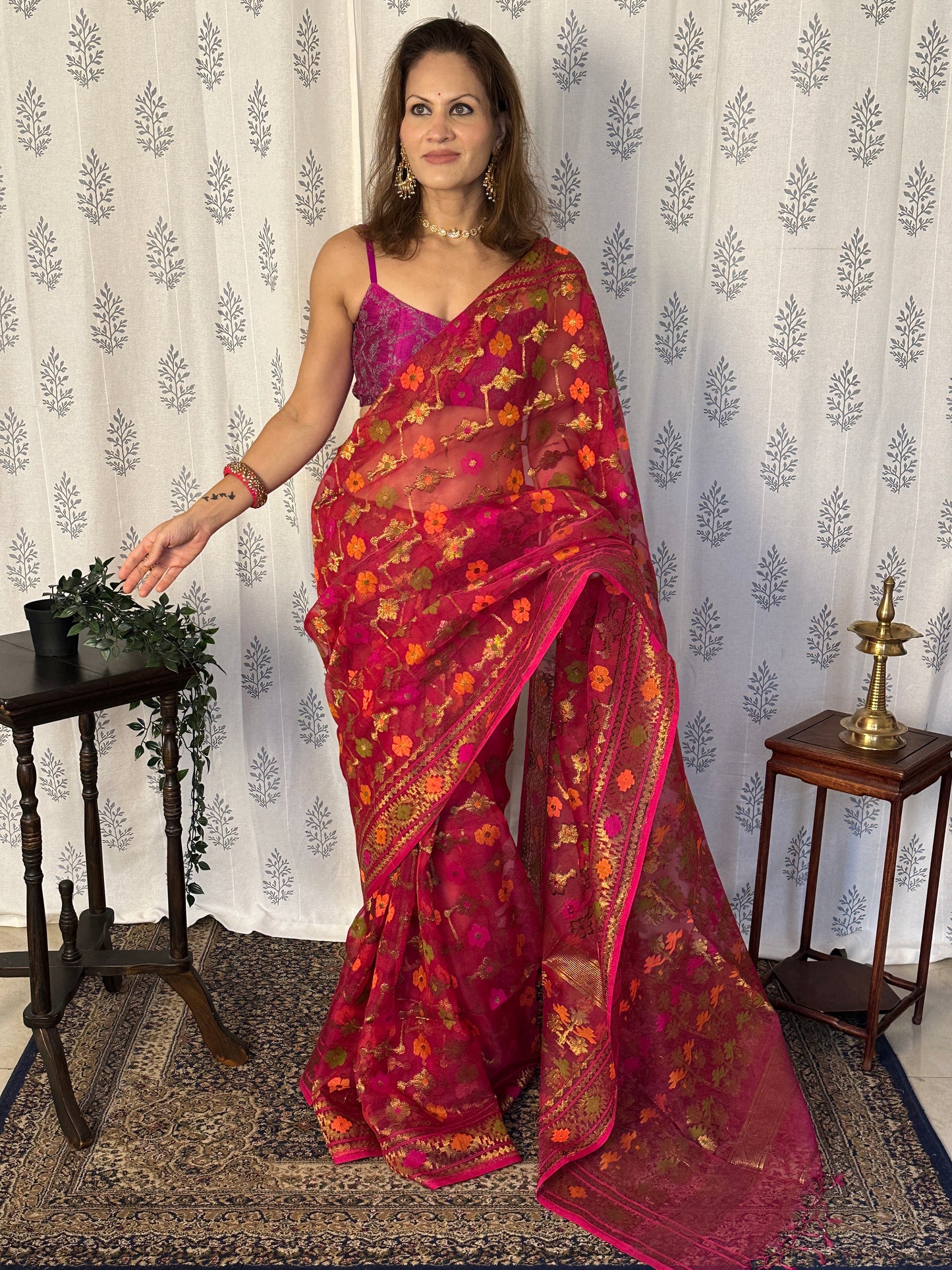 Pink & Orange Pure Muslin Silk Handloom Jamdani Sari