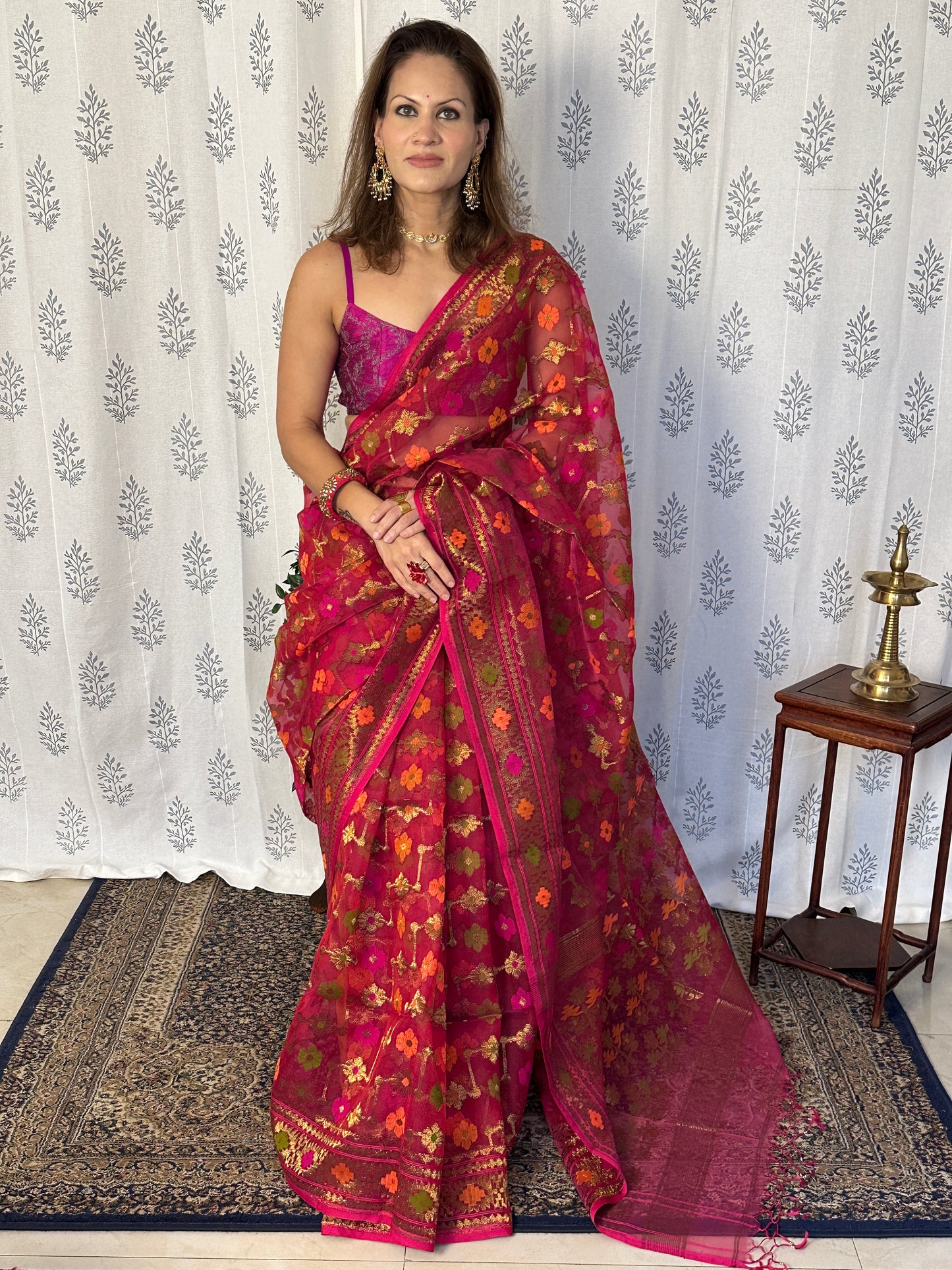 Pink & Orange Pure Muslin Silk Handloom Jamdani Sari