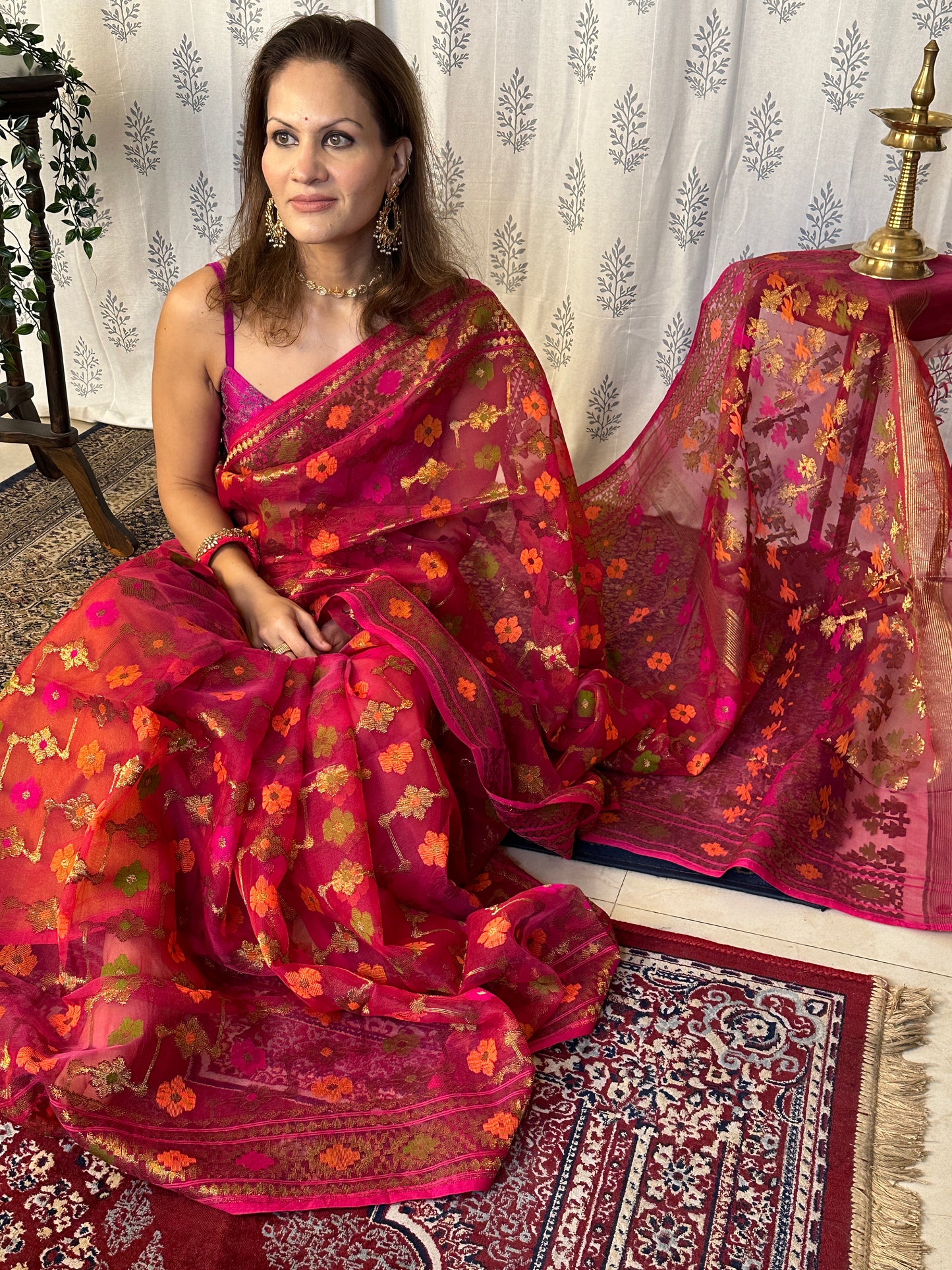 Pink & Orange Pure Muslin Silk Handloom Jamdani Sari