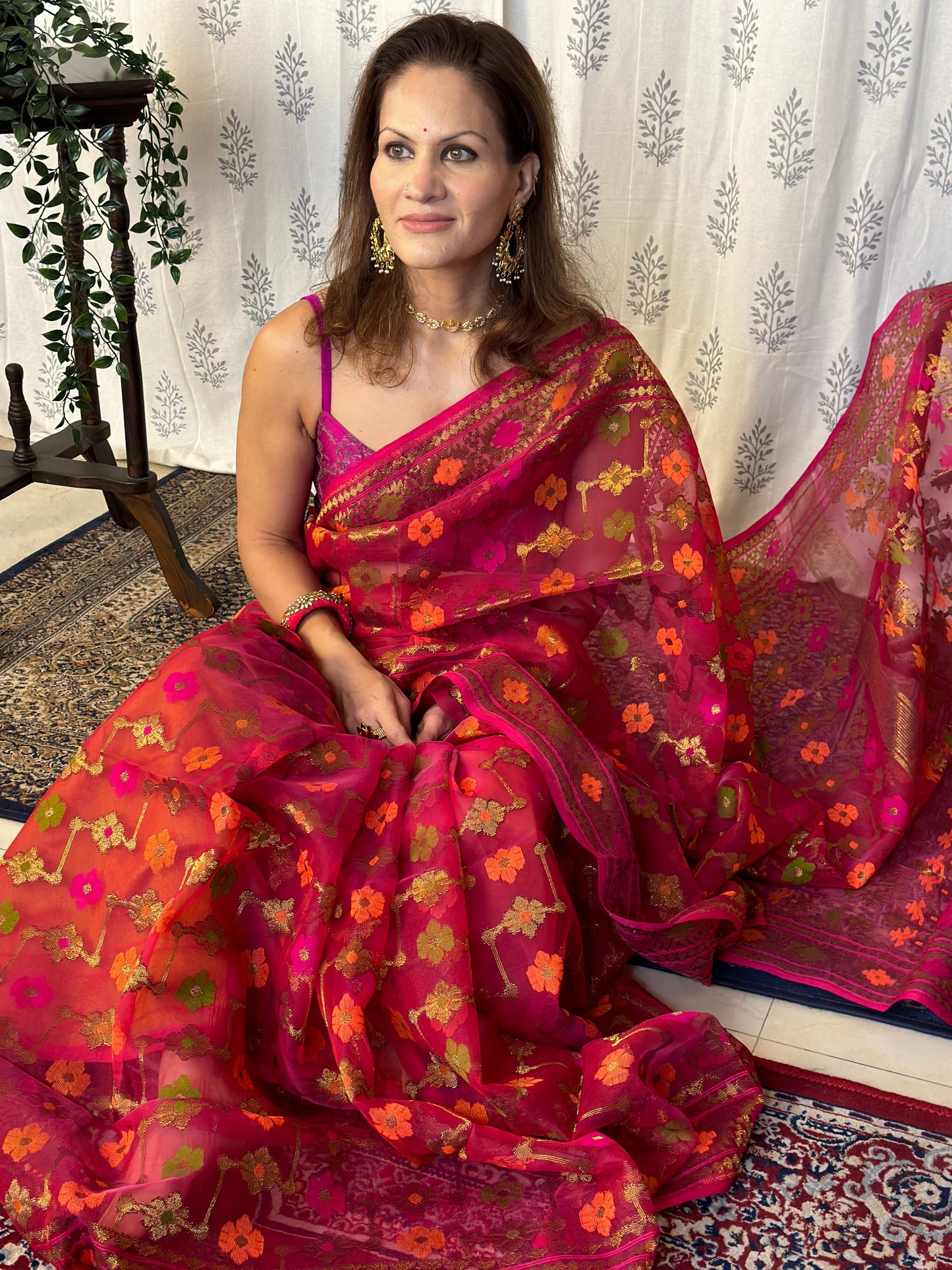 Pink & Orange Pure Muslin Silk Handloom Jamdani Sari