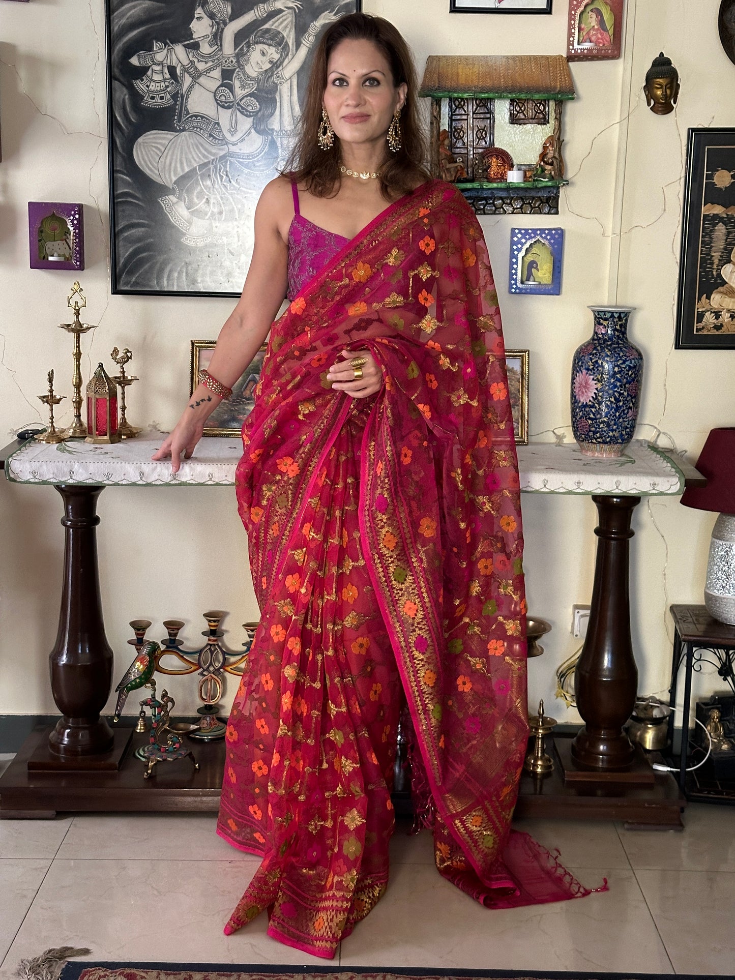 Pink & Orange Pure Muslin Silk Handloom Jamdani Sari