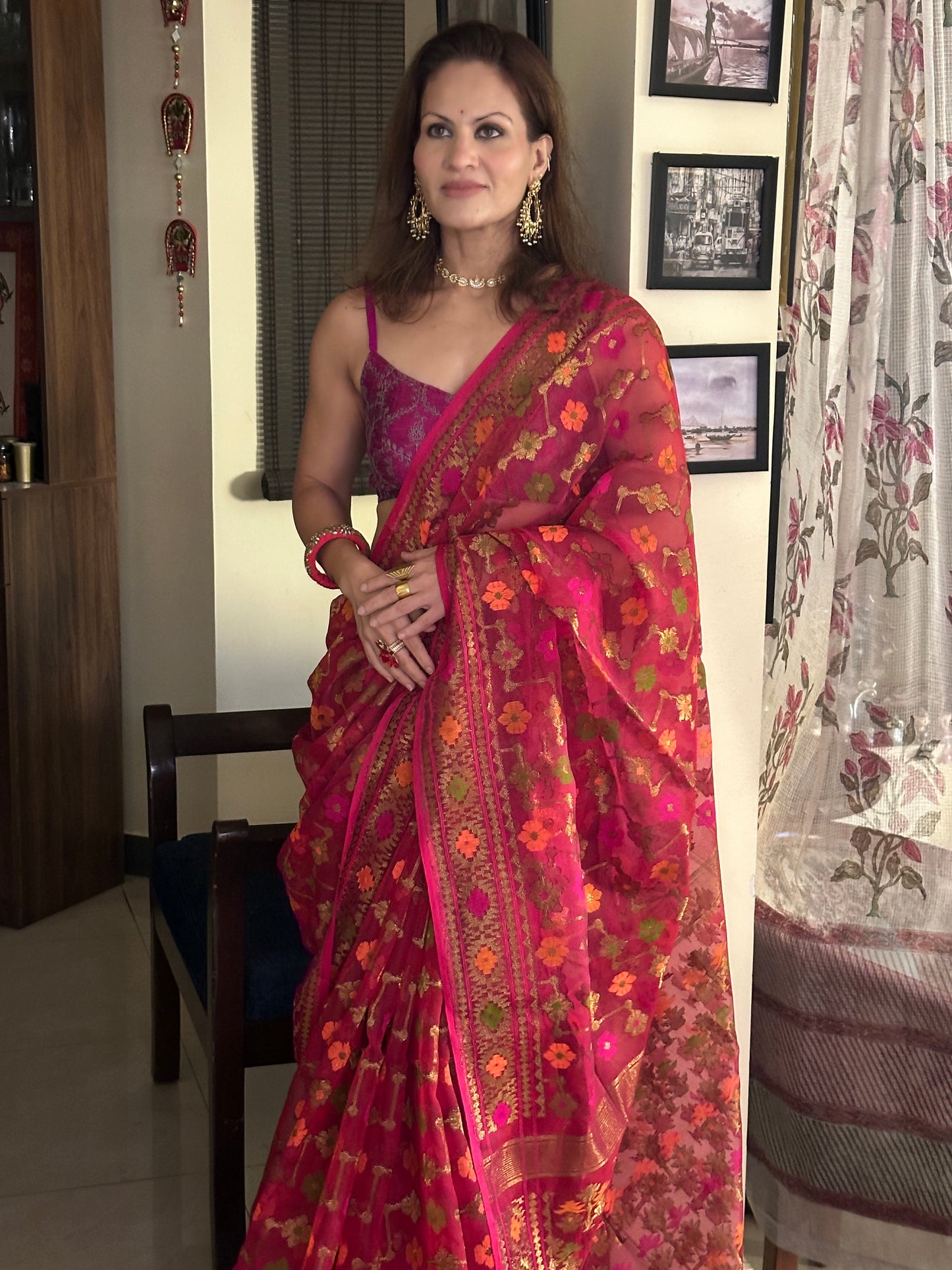Pink & Orange Pure Muslin Silk Handloom Jamdani Sari