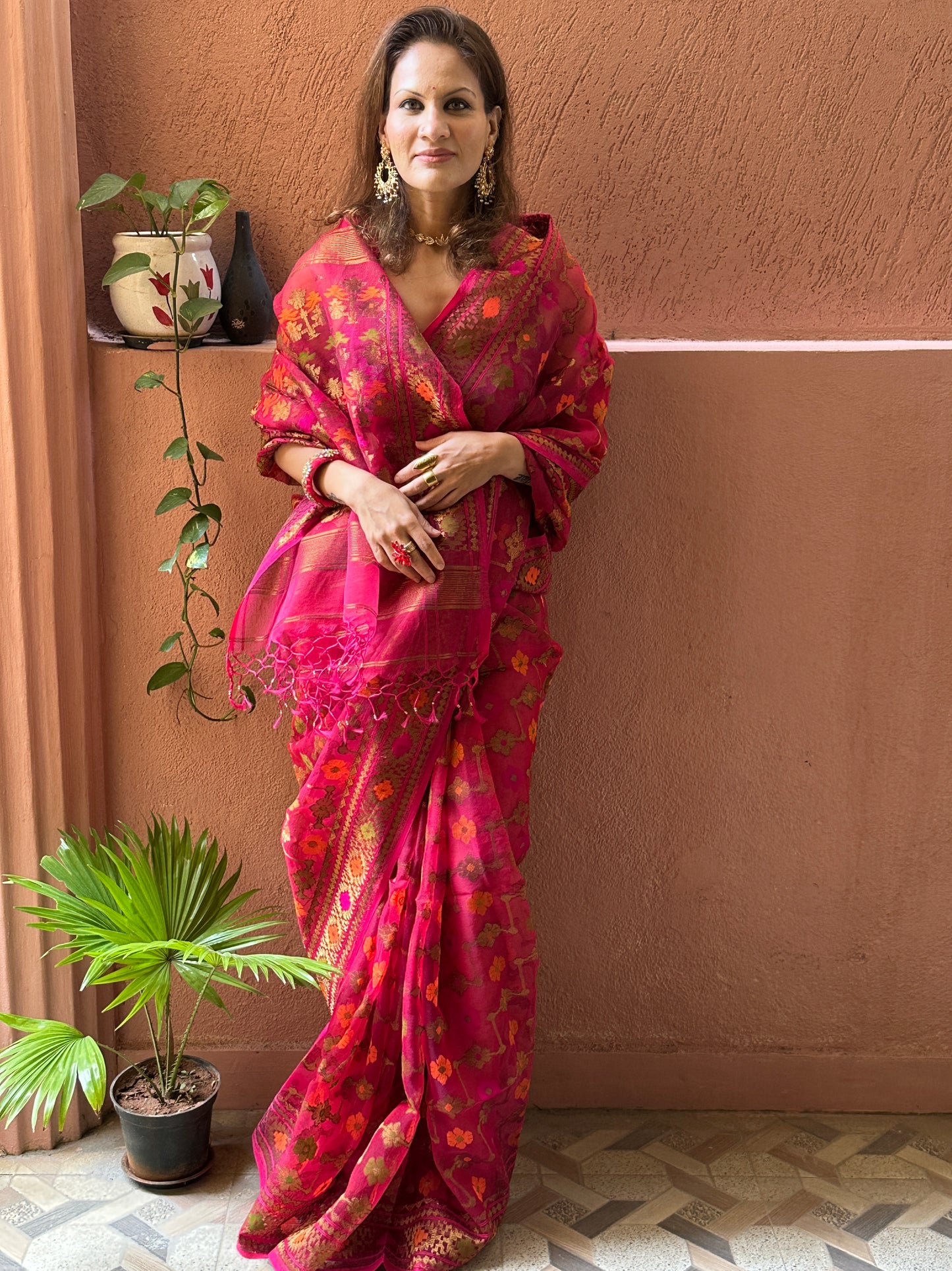 Pink & Orange Pure Muslin Silk Handloom Jamdani Sari