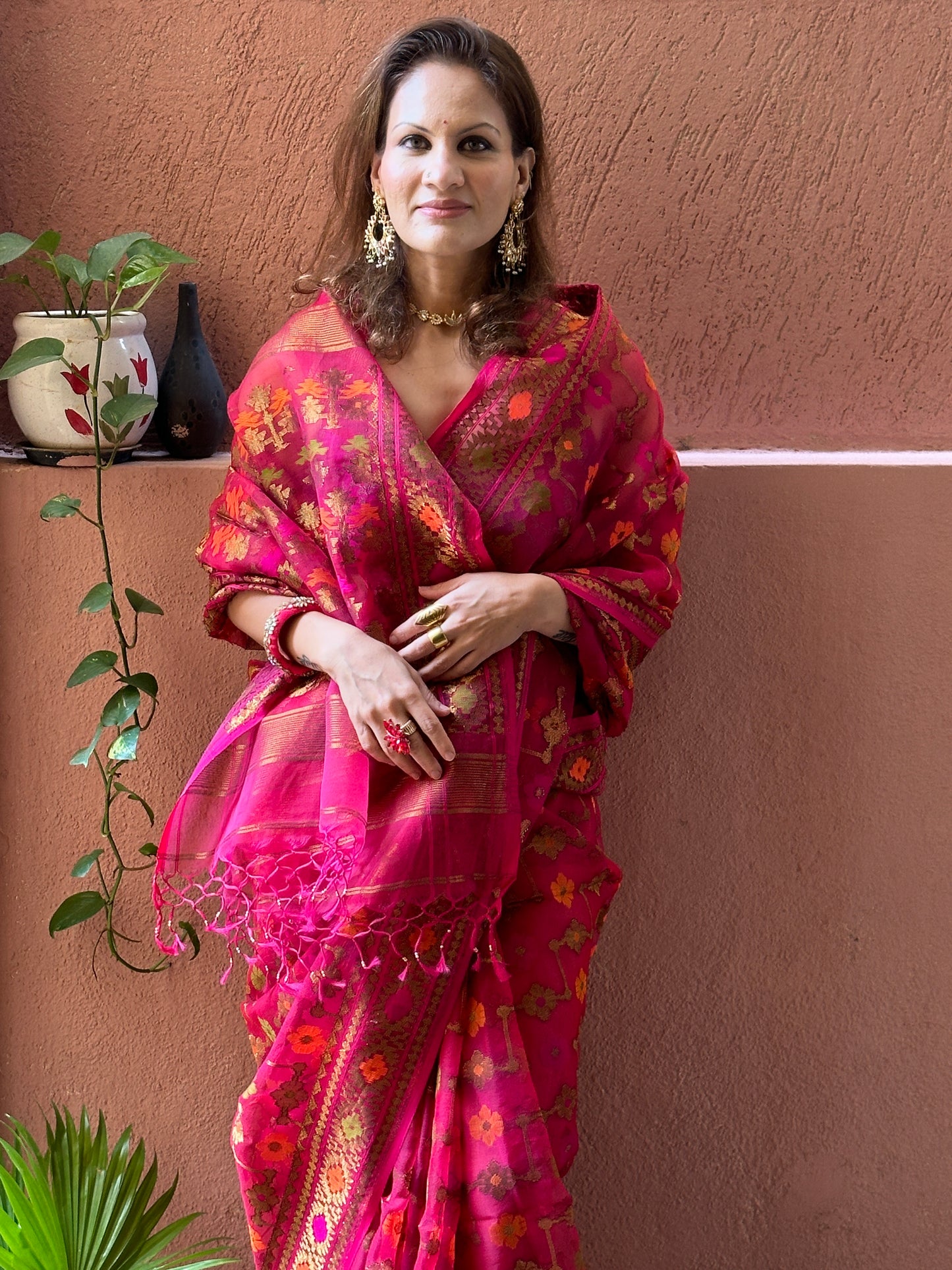 Pink & Orange Pure Muslin Silk Handloom Jamdani Sari