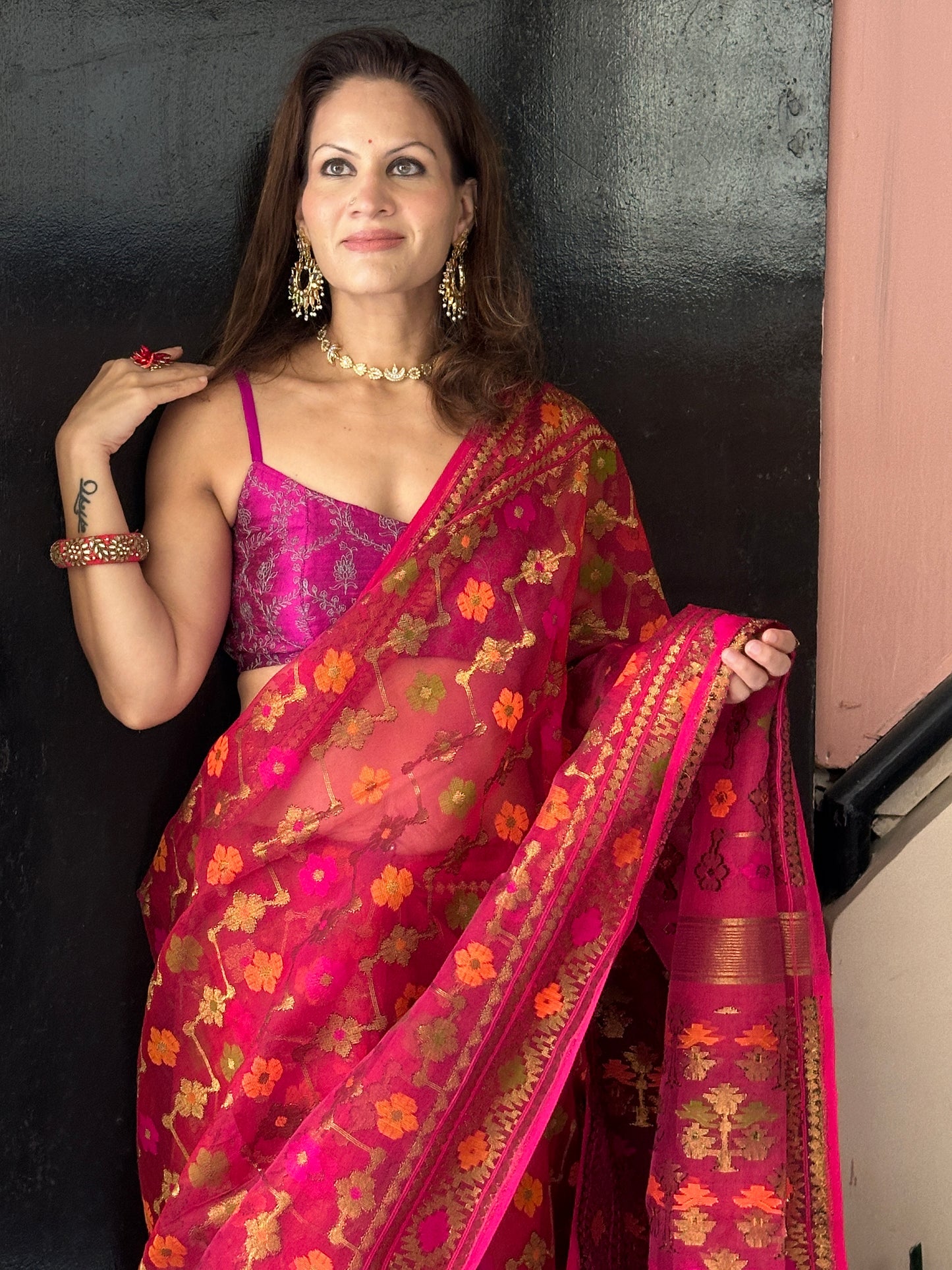 Pink & Orange Pure Muslin Silk Handloom Jamdani Sari