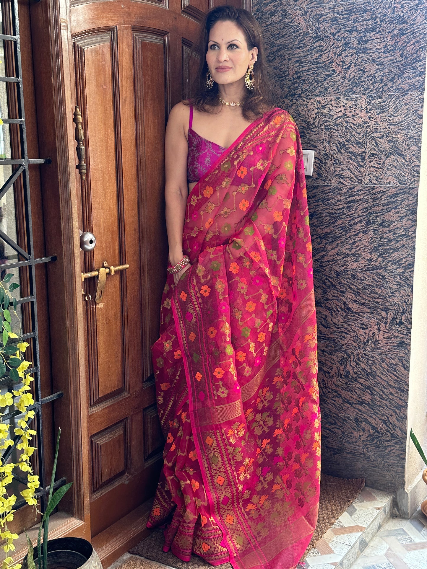 Pink & Orange Pure Muslin Silk Handloom Jamdani Sari