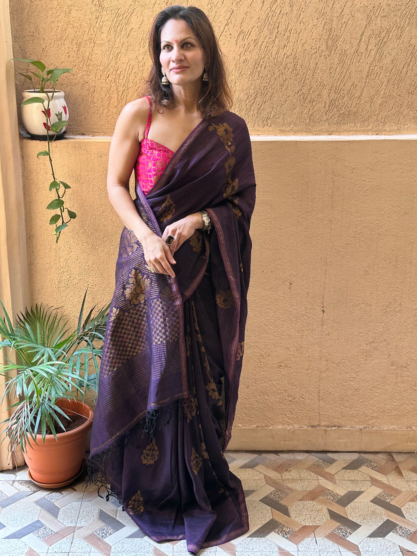 Purple Pure Linen Cotton Jamdani Sari with Zari Work
