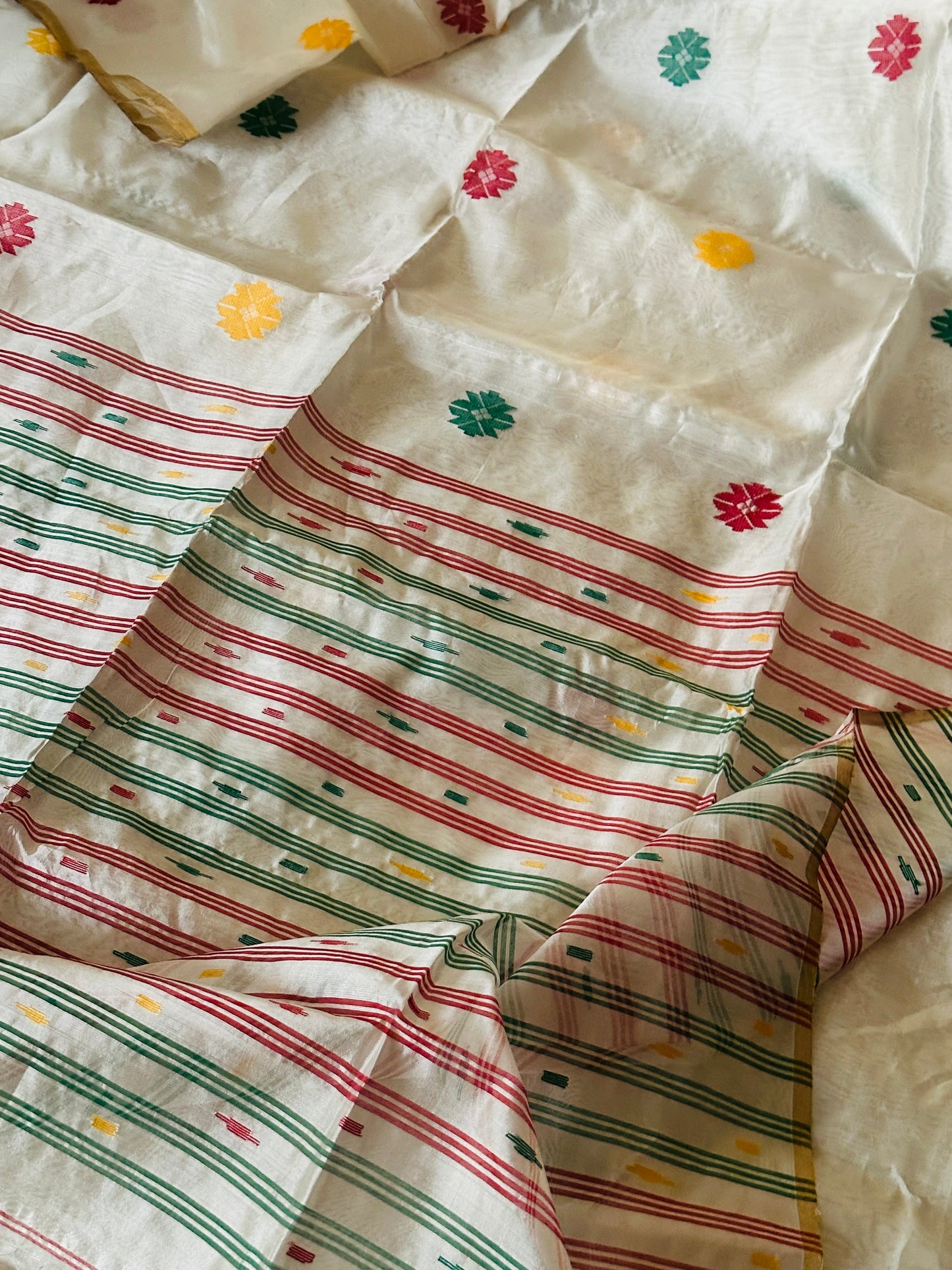 White Cotton Silk Jamdani Saree with Intricate Jamdani Work