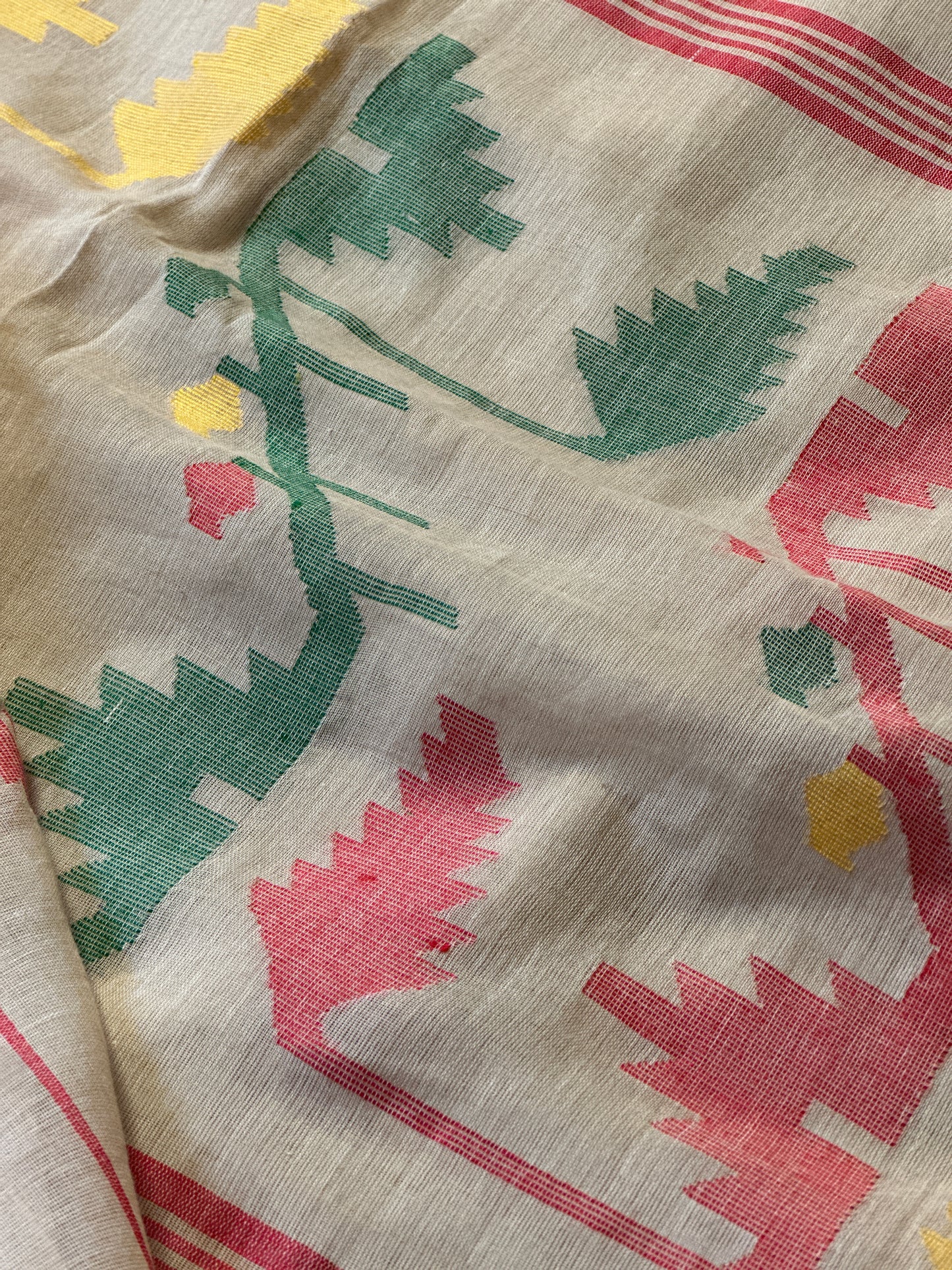 Dark Beige Pure Hand Spun Fine Cotton Jamdani Saree with Intricate Needlework