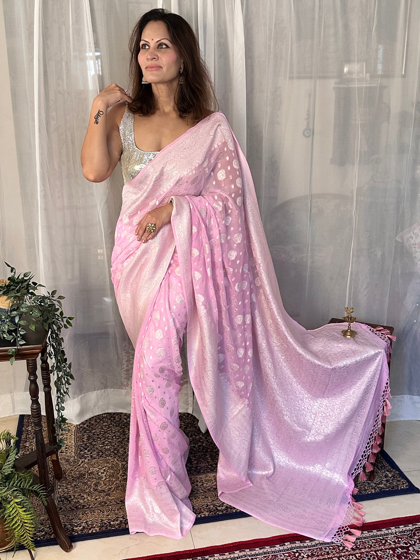 Pink Pure Banarasi Khaddi Georgette Sari with Silver Zari