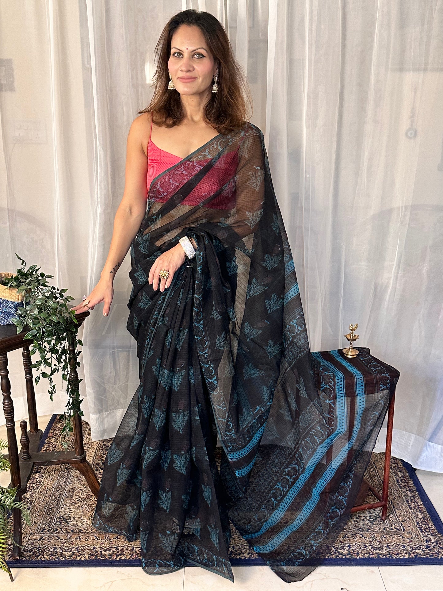 Black & Blue Natural Vanaspati Block Print Kota Cotton Sari