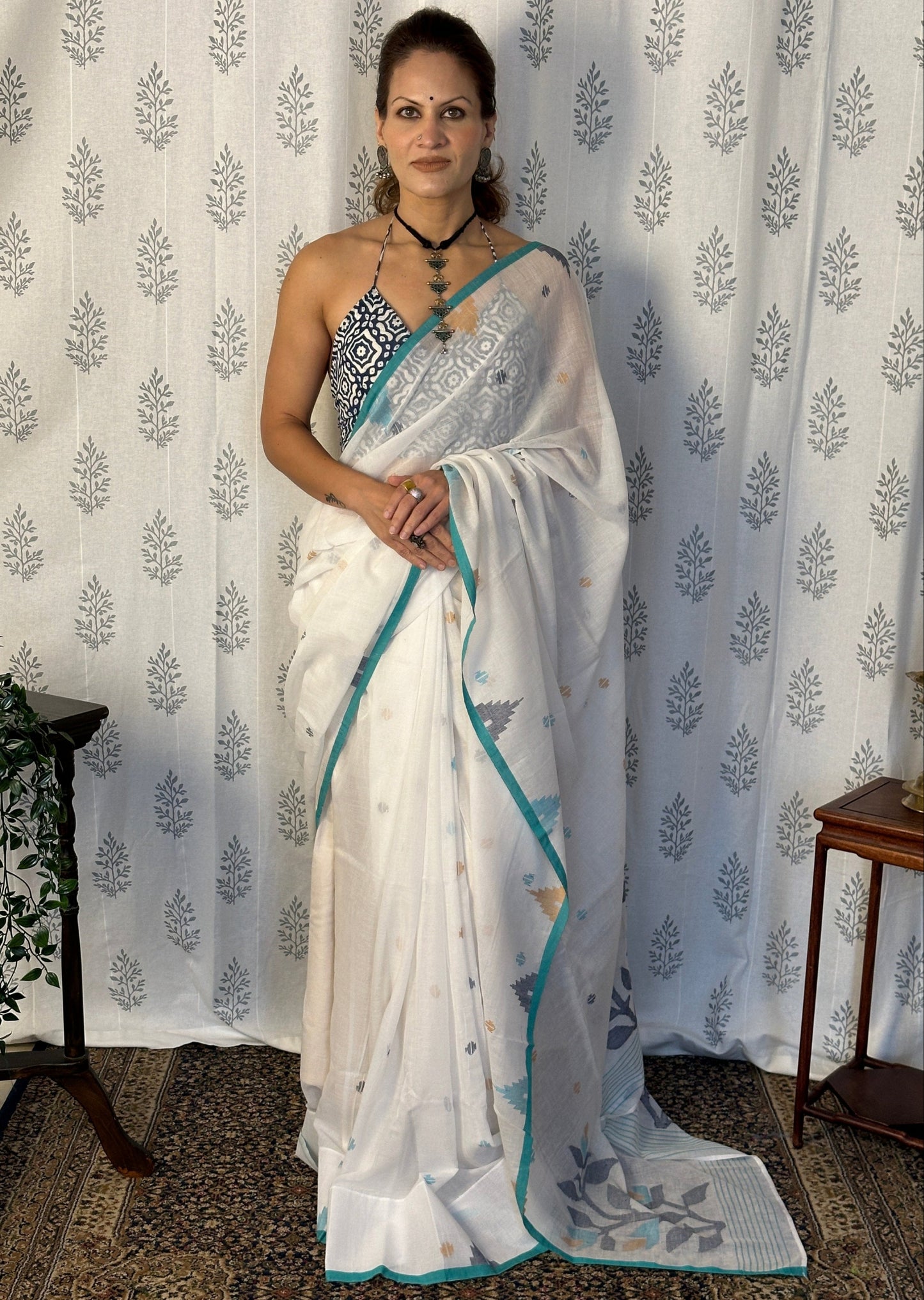 White Intricate Needle Work Jamdani Sari with Blue Border