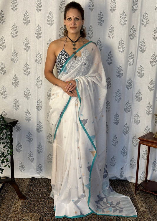 White Intricate Needle Work Jamdani Sari with Blue Border