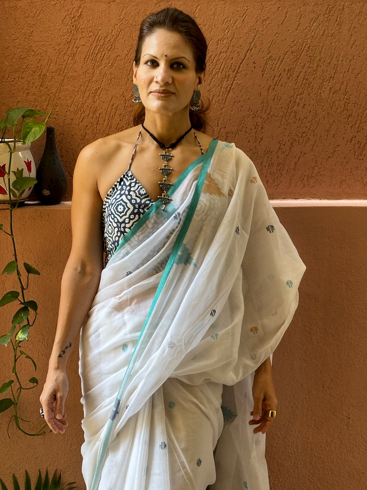 White Intricate Needle Work Jamdani Sari with Blue Border
