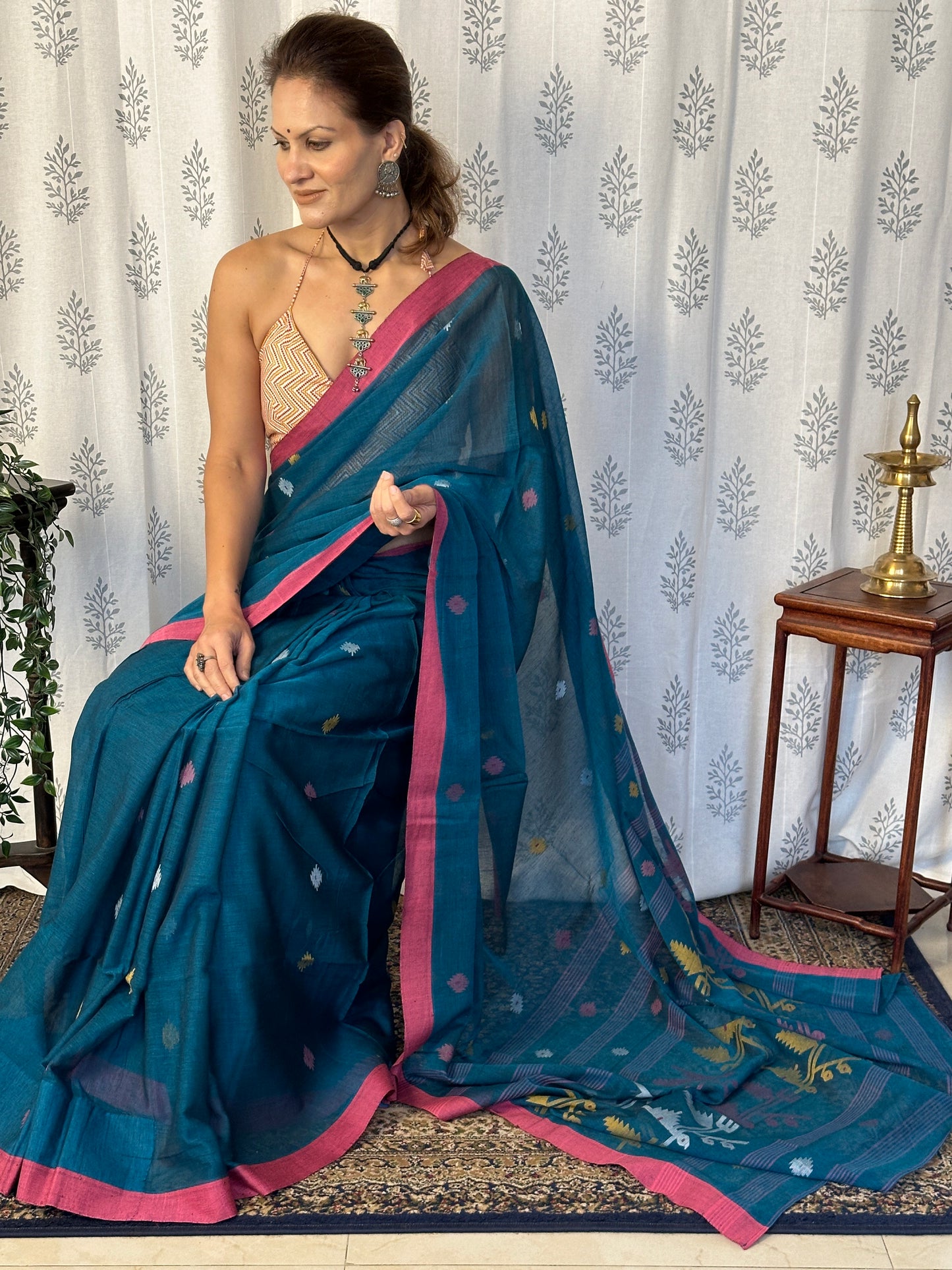 Blue Hand Spun Cotton Jamdani Sari with Intricate Needle Work & Border