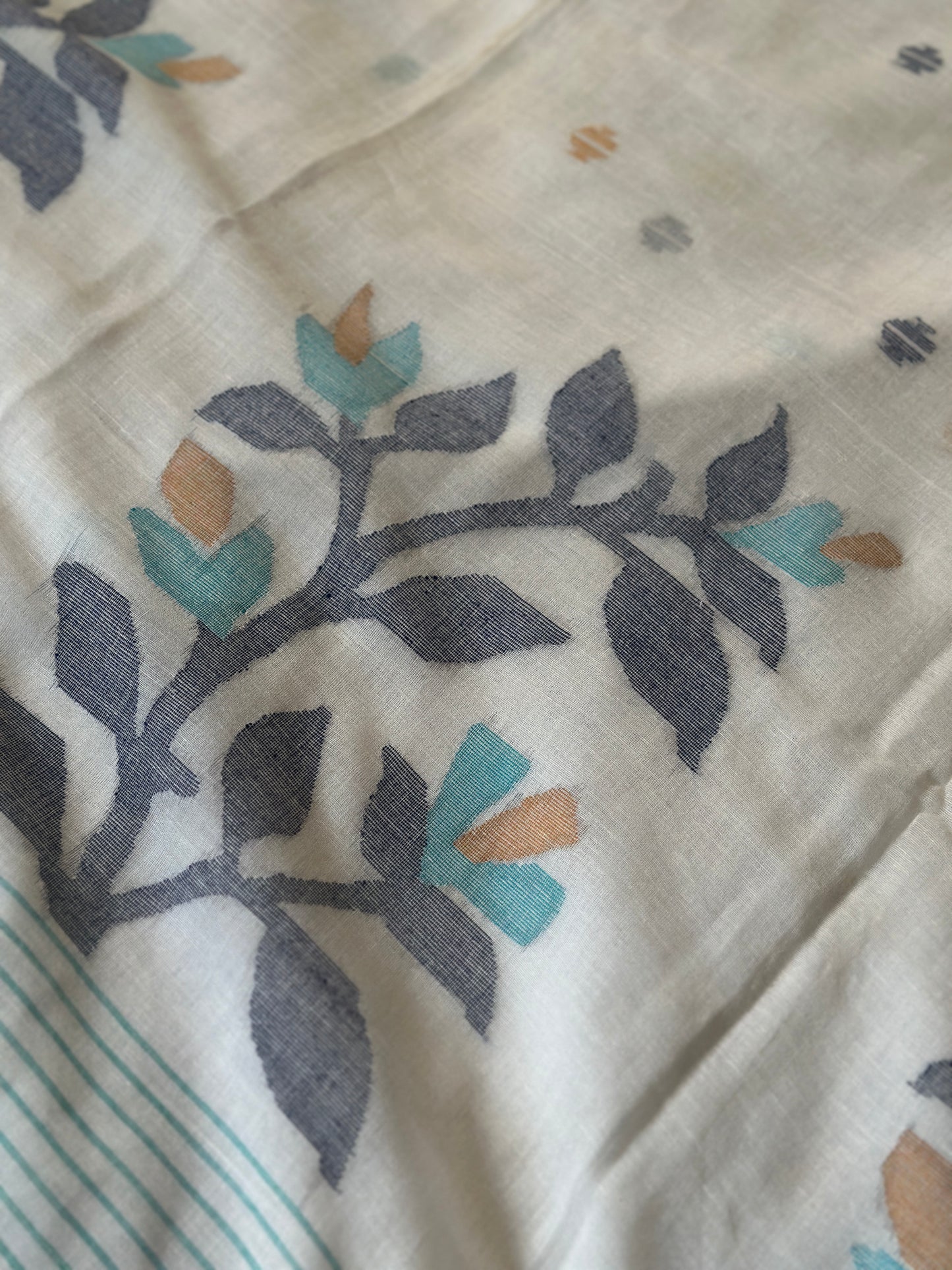 White Intricate Needle Work Jamdani Sari with Blue Border