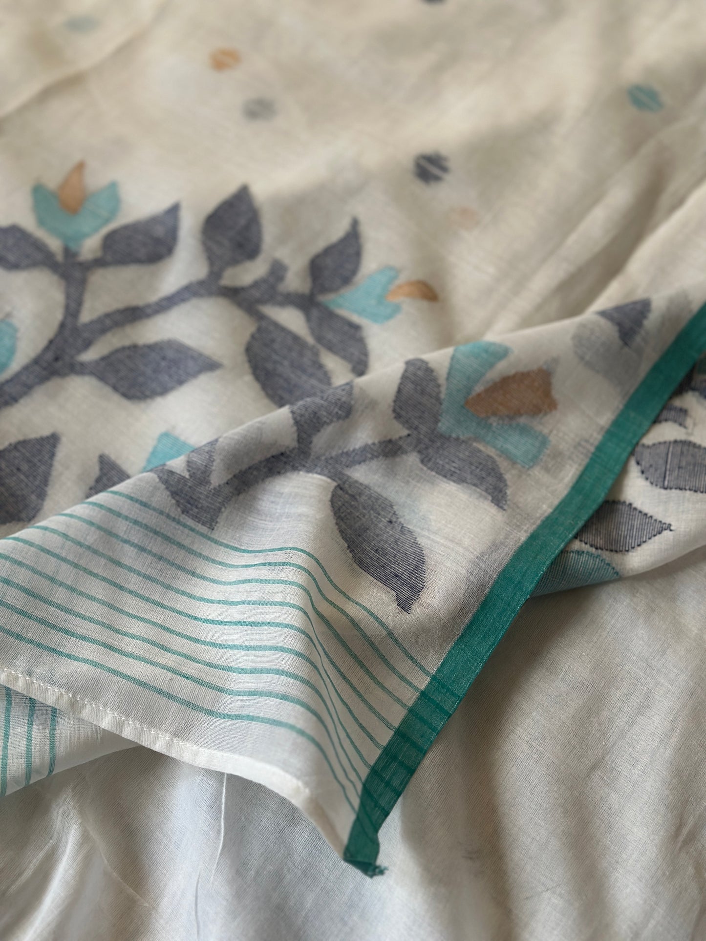 White Intricate Needle Work Jamdani Sari with Blue Border