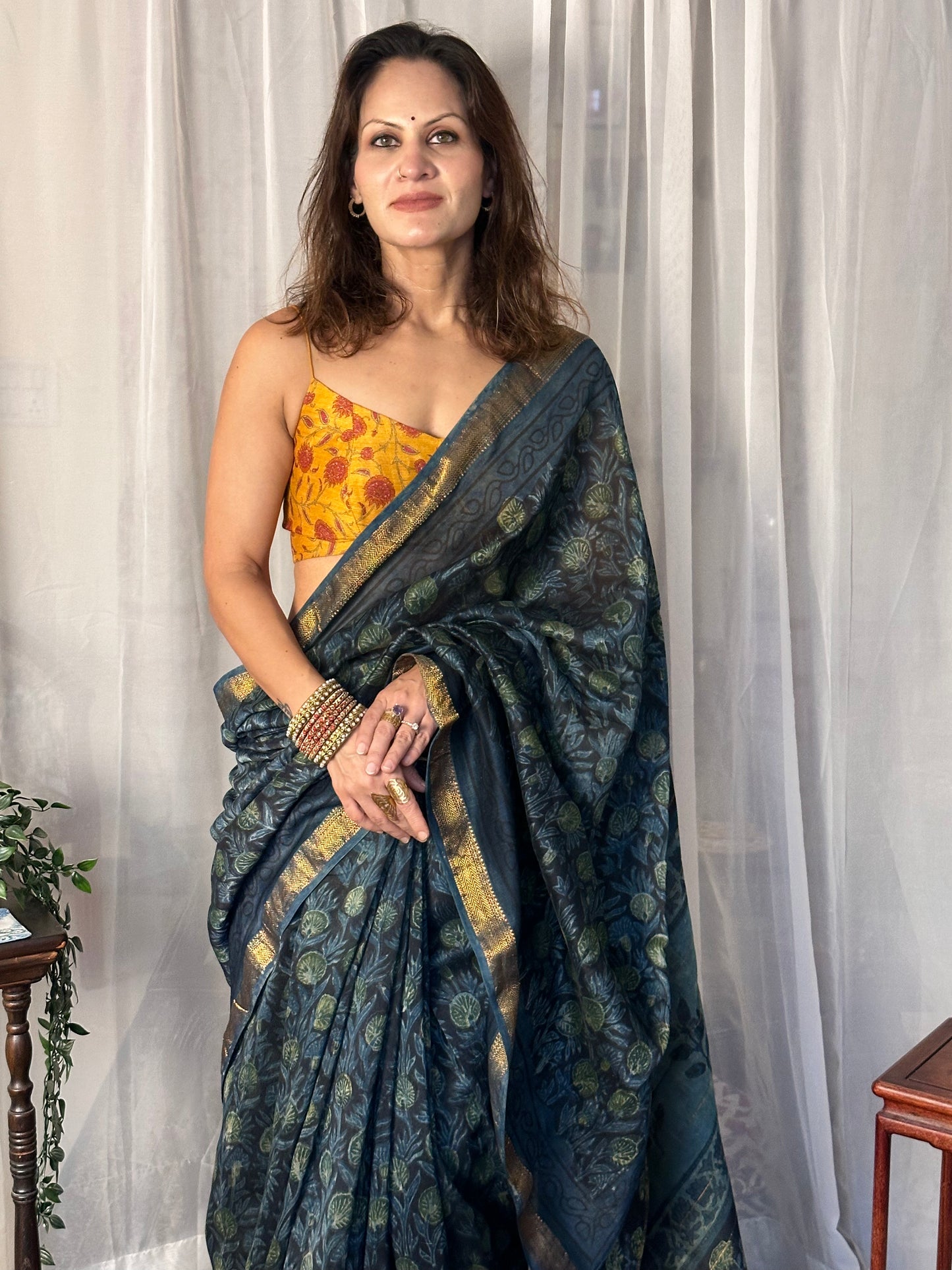 Indigo Green Natural Vanaspati Block Print Maheshwari Sari with Zari Border