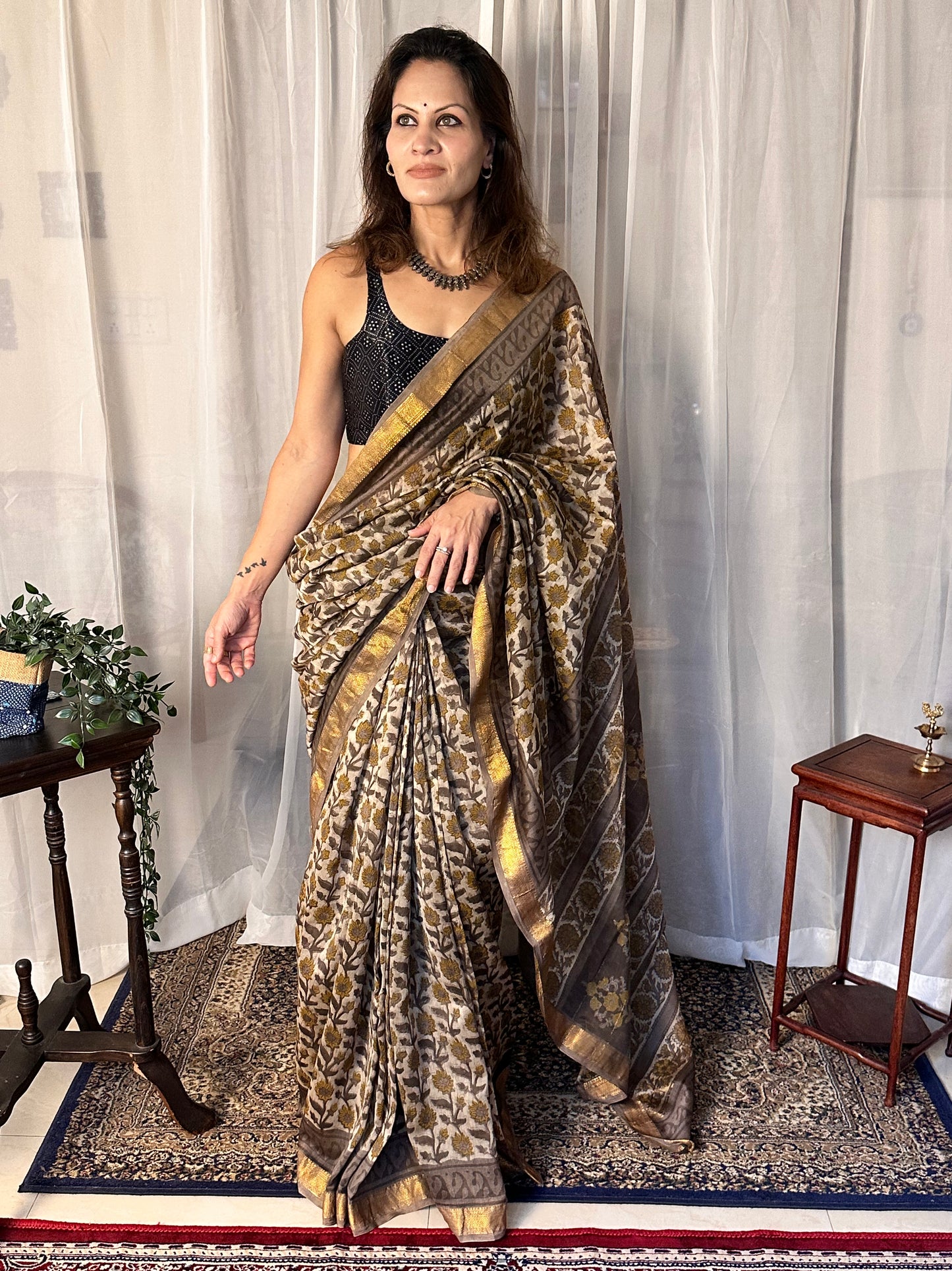 Gray Natural Vanaspati Block Print Maheshwari Sari with Zari Border