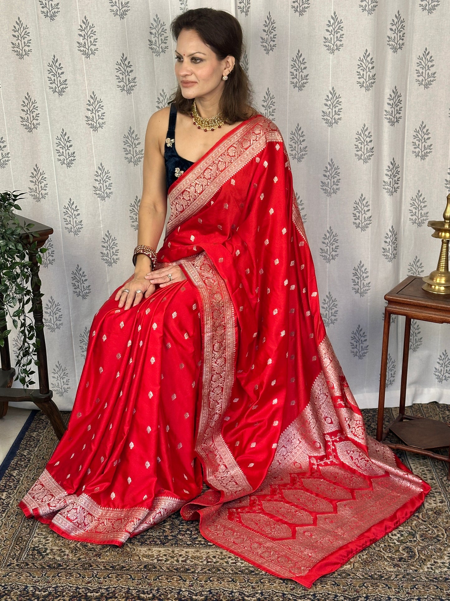 Red Mashru Silk Banarasi Saree with Silver & Gold Zari Work
