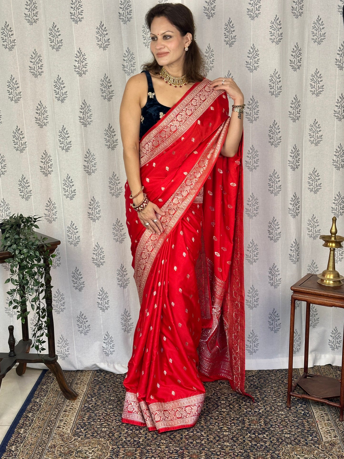 Red Mashru Silk Banarasi Saree with Silver & Gold Zari Work