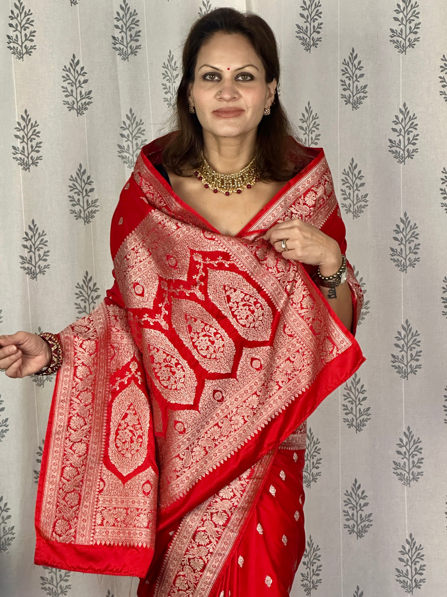 Red Mashru Silk Banarasi Saree with Silver & Gold Zari Work
