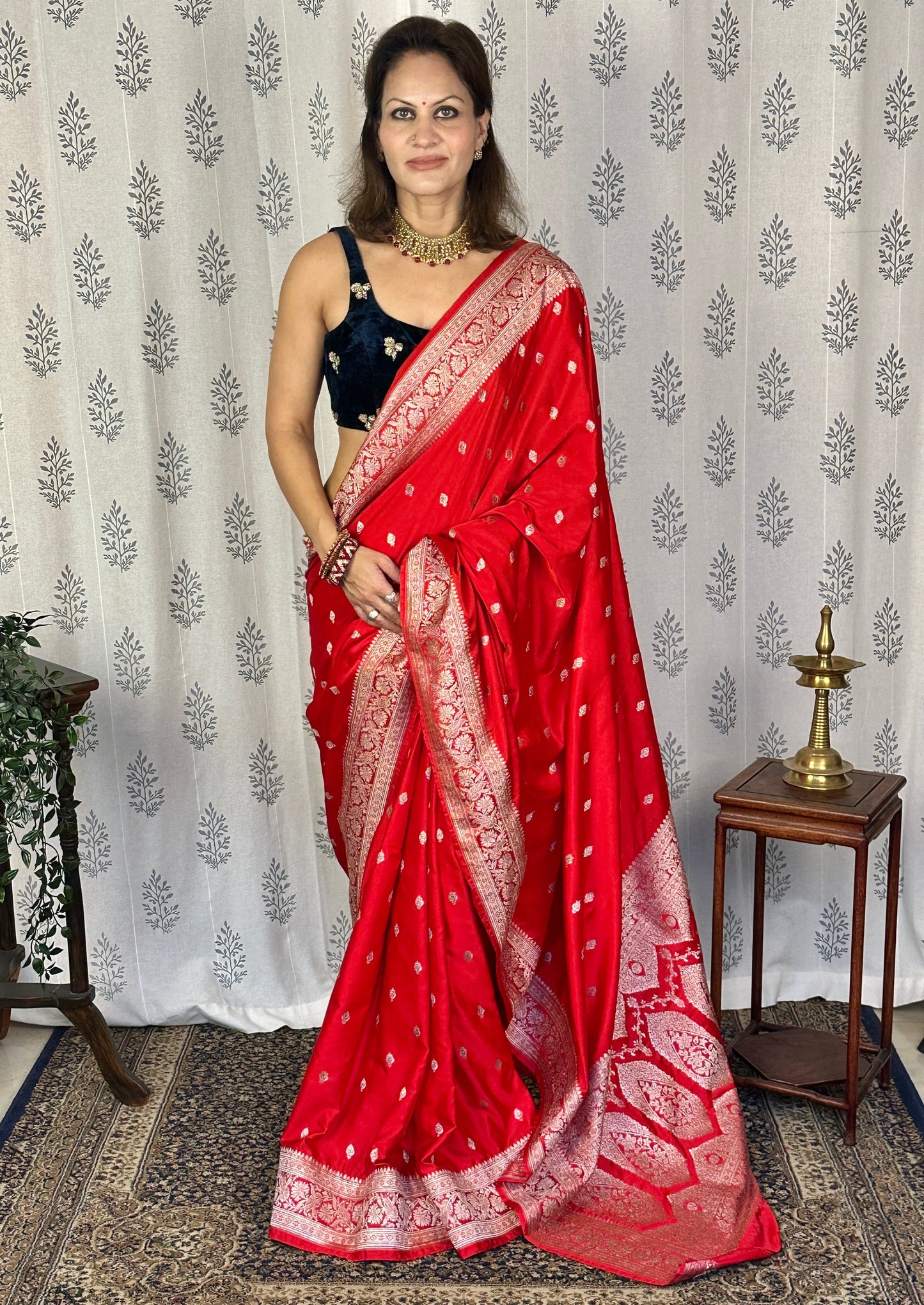Red Mashru Silk Banarasi Saree with Silver & Gold Zari Work