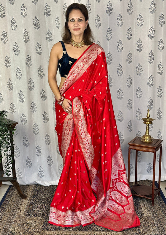 Red Mashru Silk Banarasi Saree with Silver & Gold Zari Work