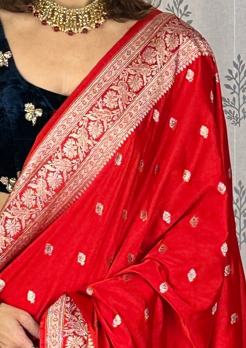 Red Mashru Silk Banarasi Saree with Silver & Gold Zari Work