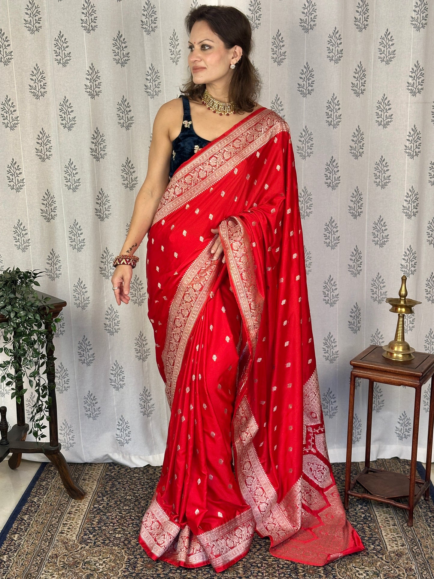 Red Mashru Silk Banarasi Saree with Silver & Gold Zari Work