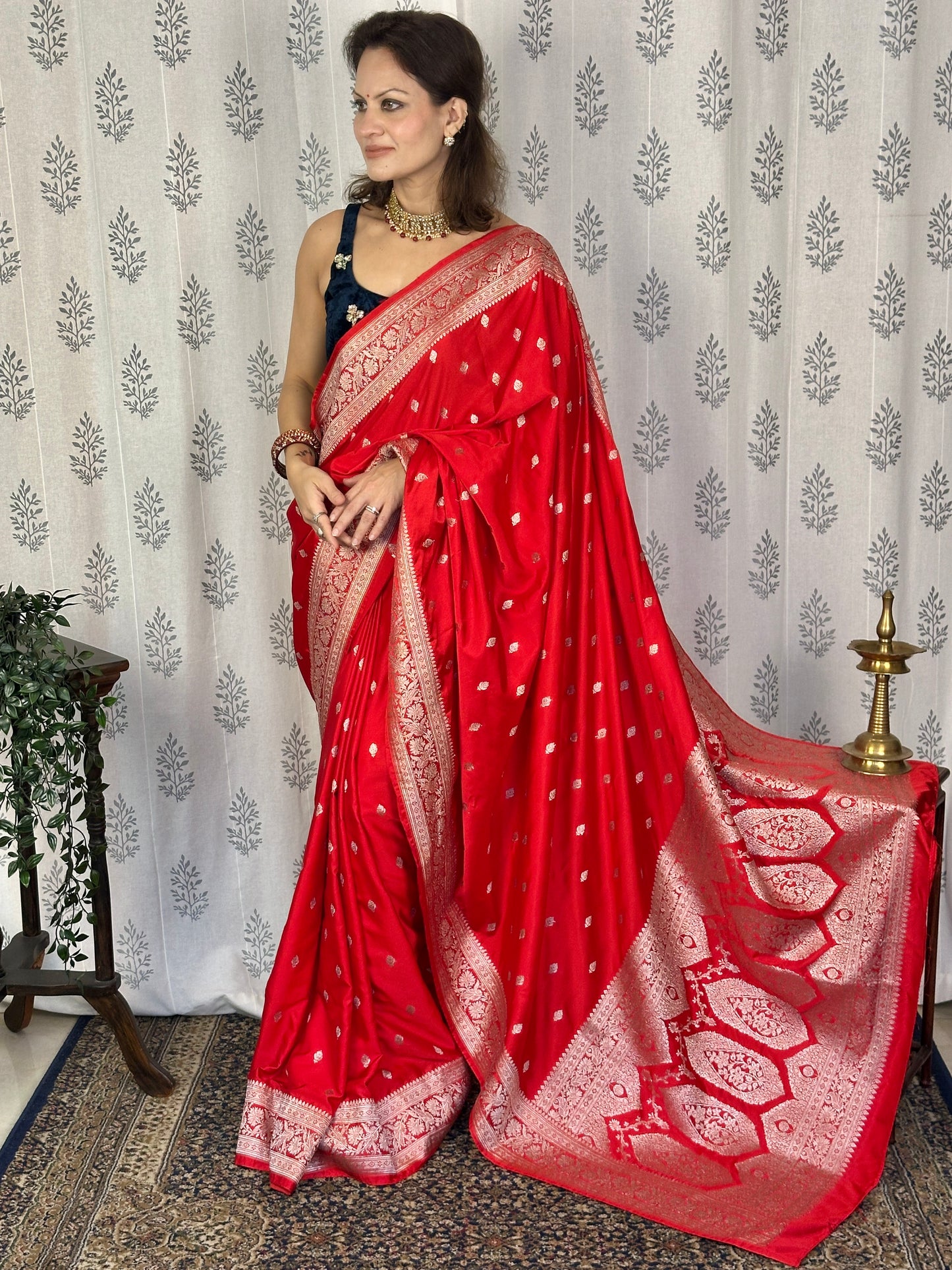 Red Mashru Silk Banarasi Saree with Silver & Gold Zari Work