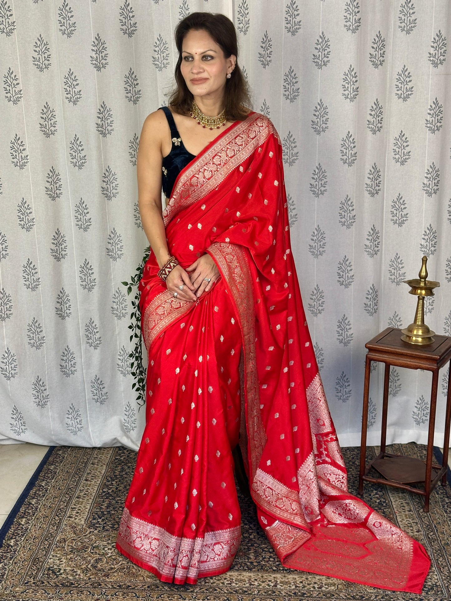 Red Mashru Silk Banarasi Saree with Silver & Gold Zari Work