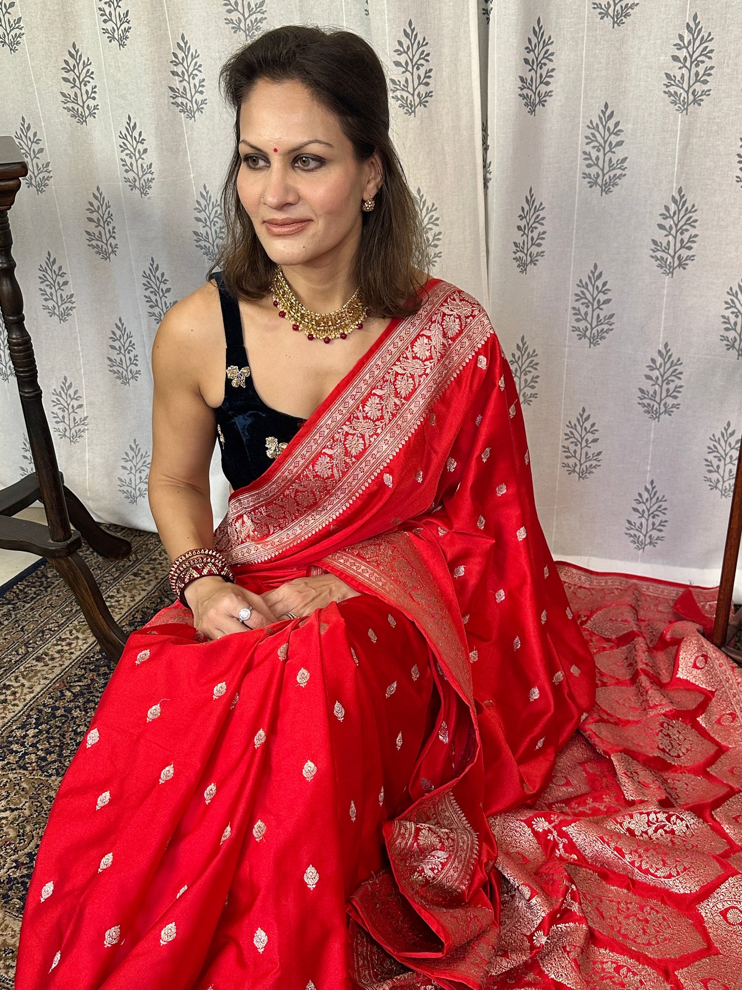 Red Mashru Silk Banarasi Saree with Silver & Gold Zari Work