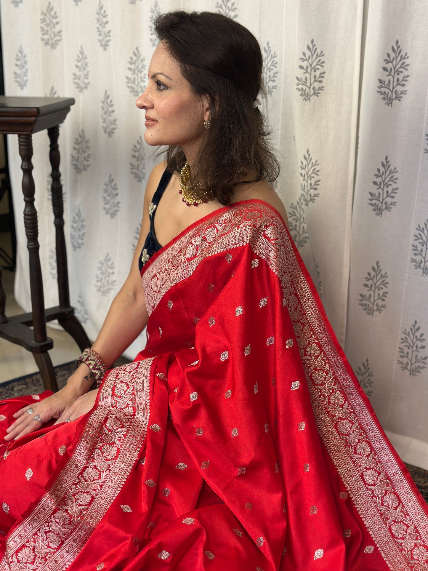Red Mashru Silk Banarasi Saree with Silver & Gold Zari Work