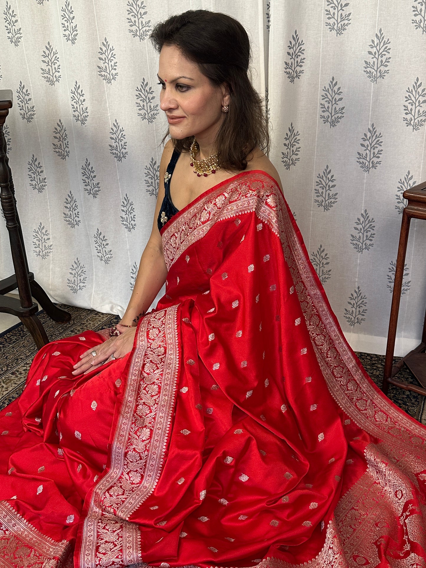 Red Mashru Silk Banarasi Saree with Silver & Gold Zari Work