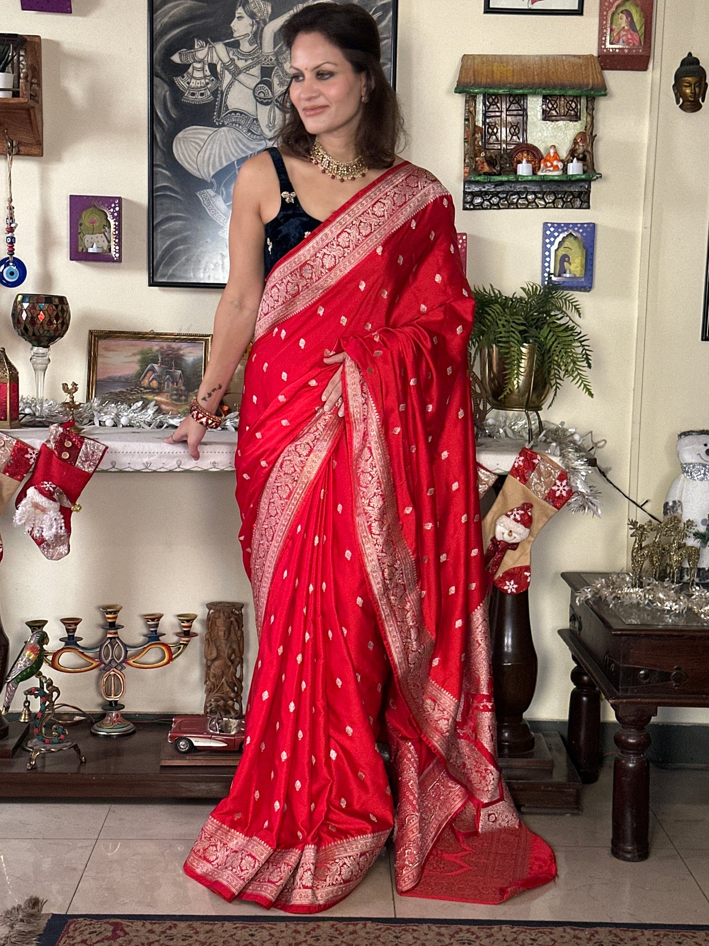 Red Mashru Silk Banarasi Saree with Silver & Gold Zari Work