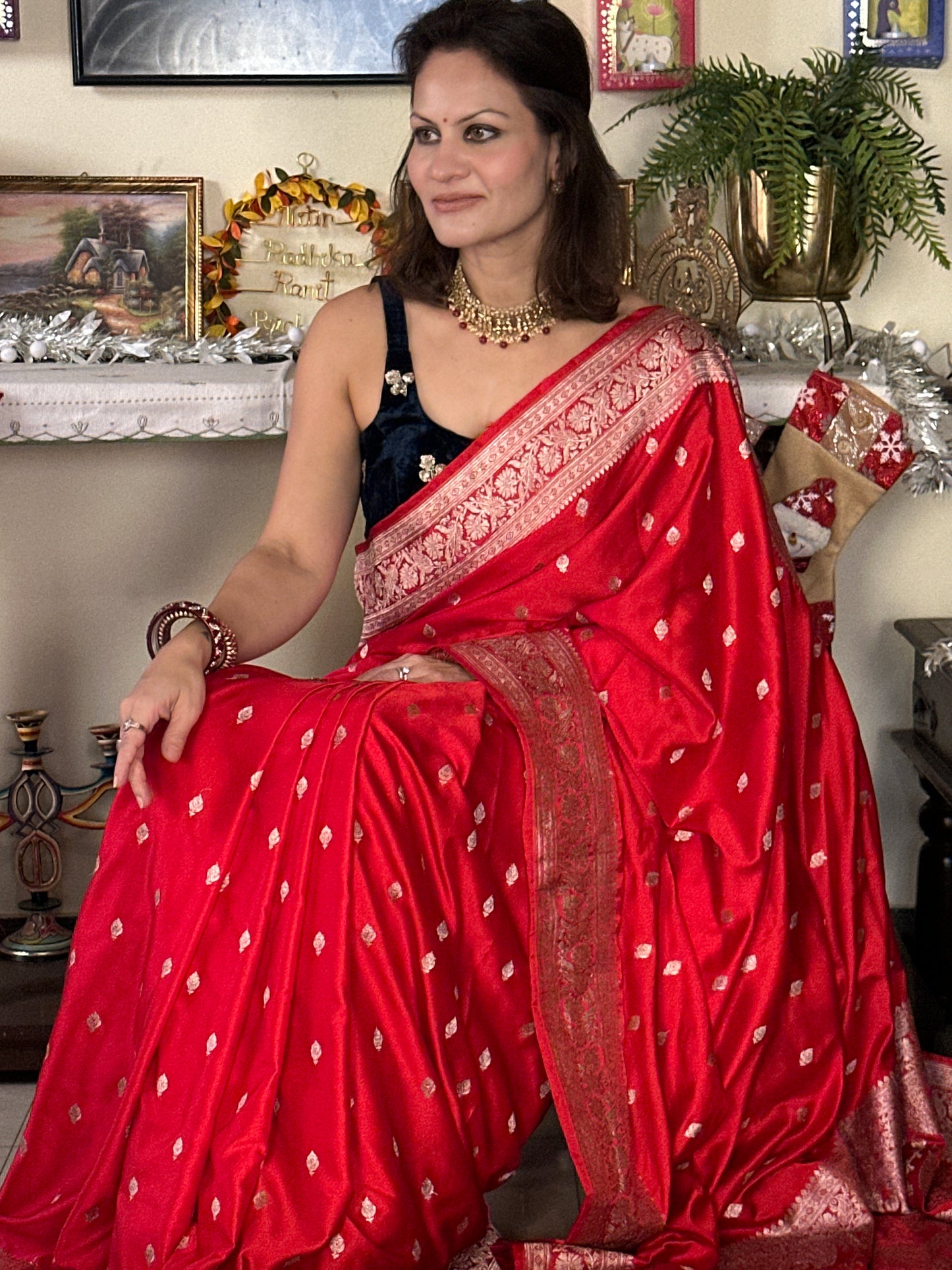 Red Mashru Silk Banarasi Saree with Silver & Gold Zari Work