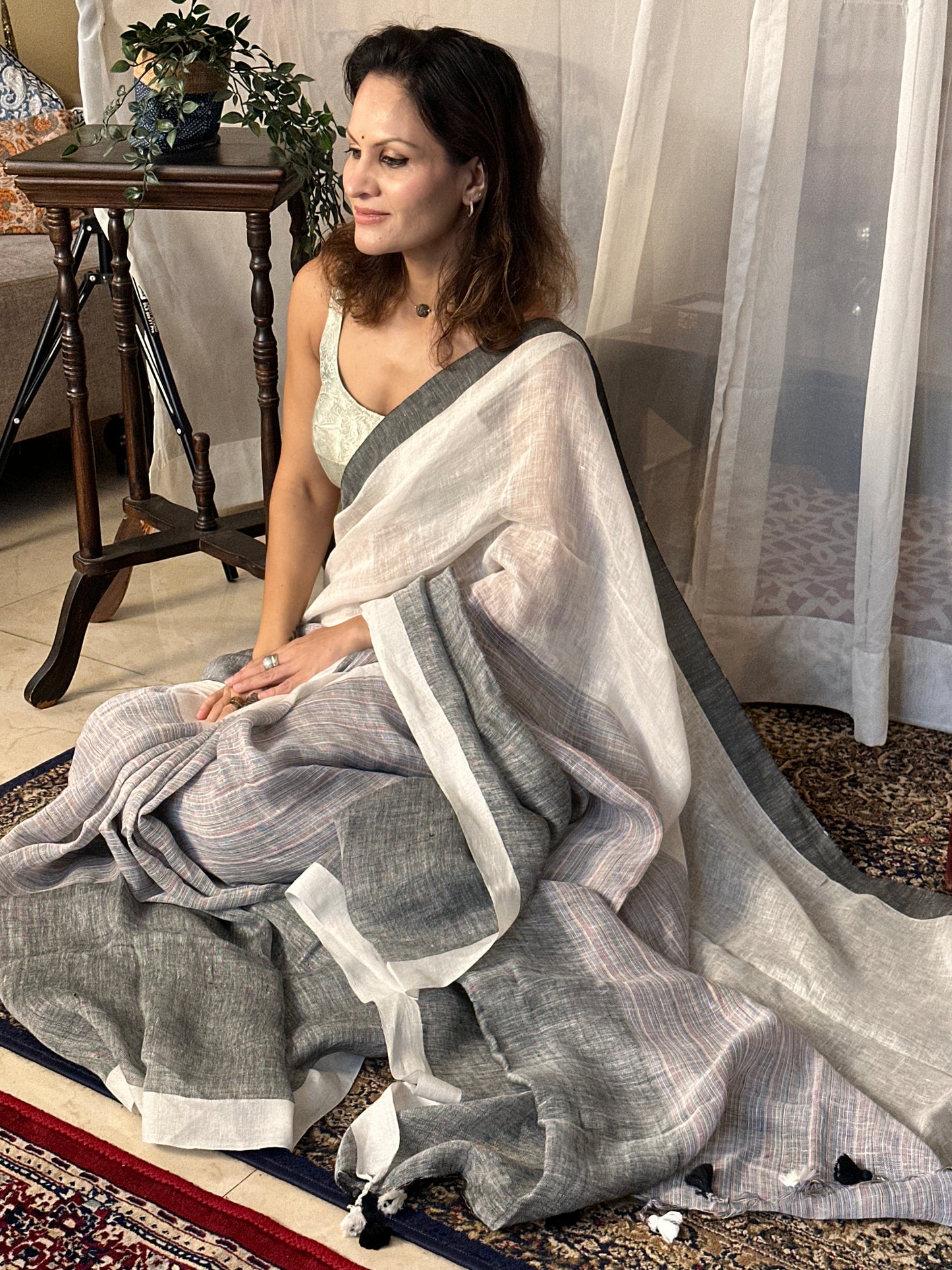 White & Grey Handloom Pure Linen Sari with Multicolor Thread Weaving