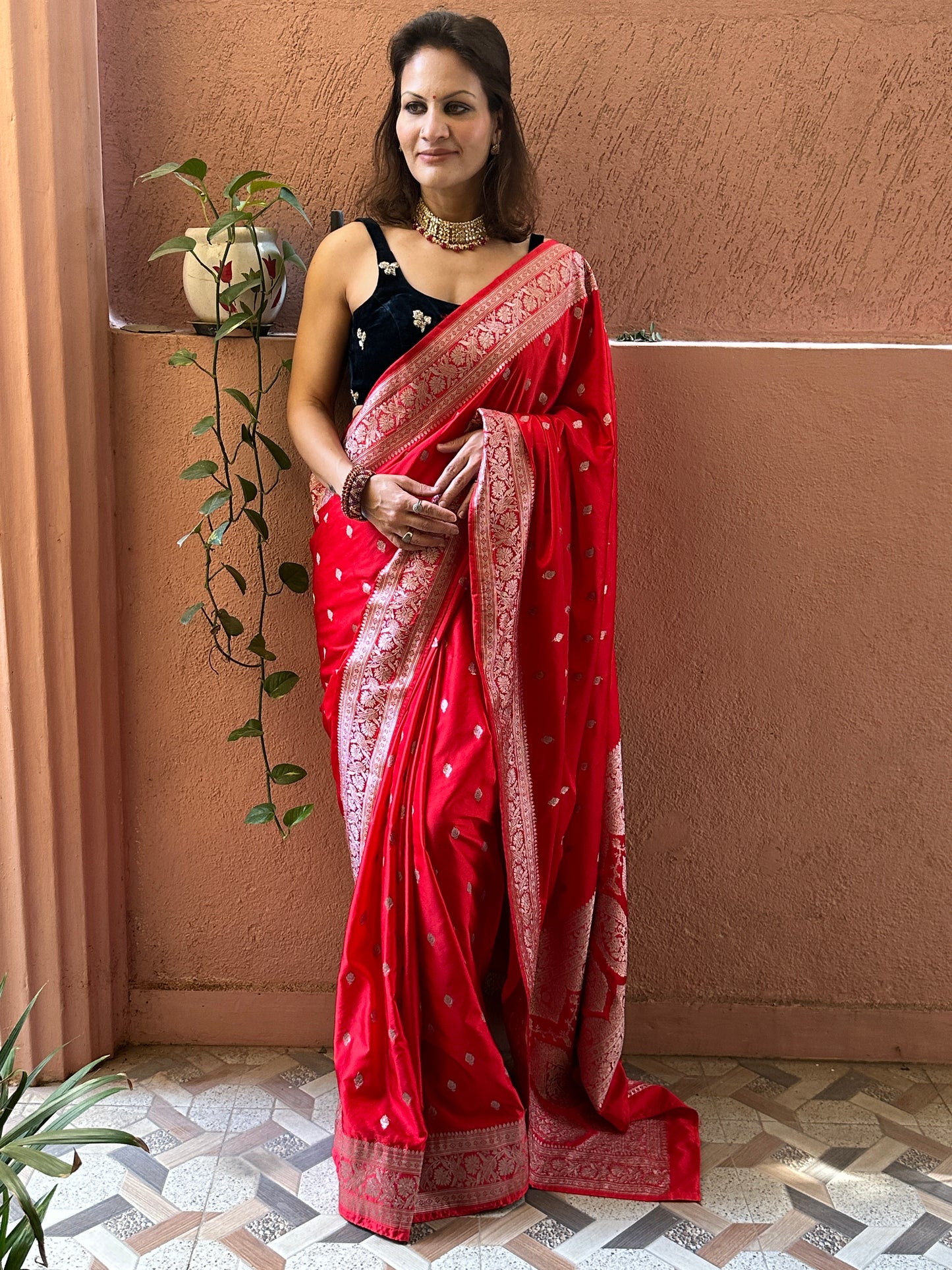 Red Mashru Silk Banarasi Saree with Silver & Gold Zari Work