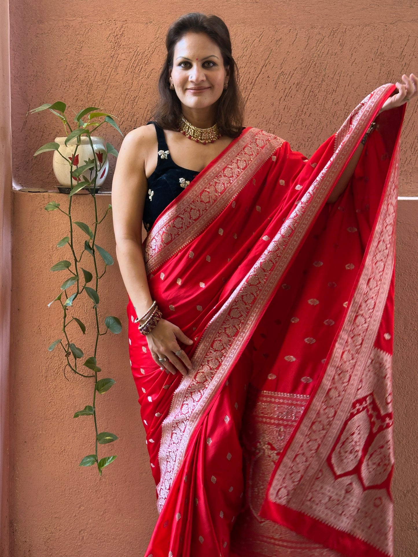 Red Mashru Silk Banarasi Saree with Silver & Gold Zari Work