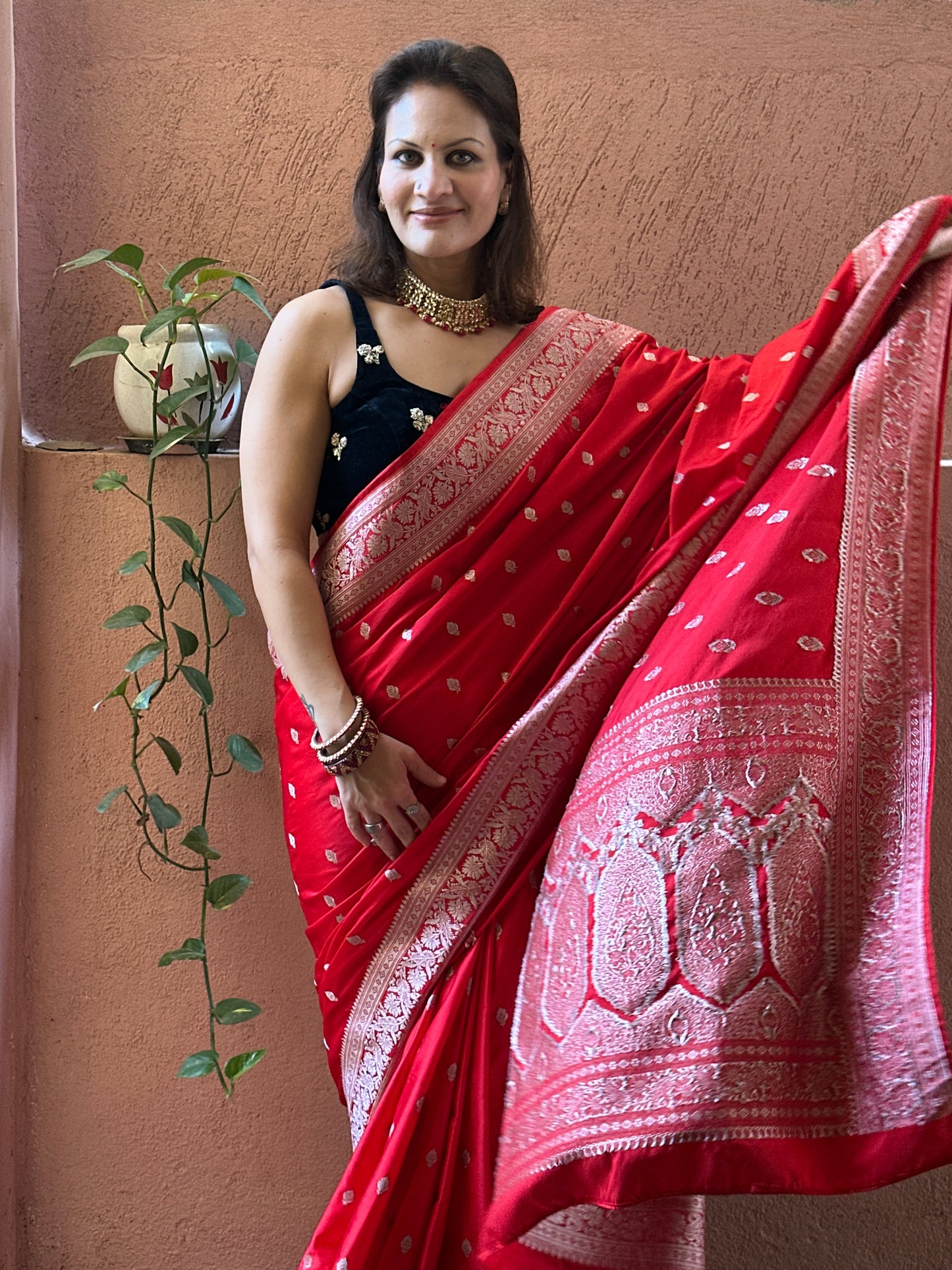 Red Mashru Silk Banarasi Saree with Silver & Gold Zari Work