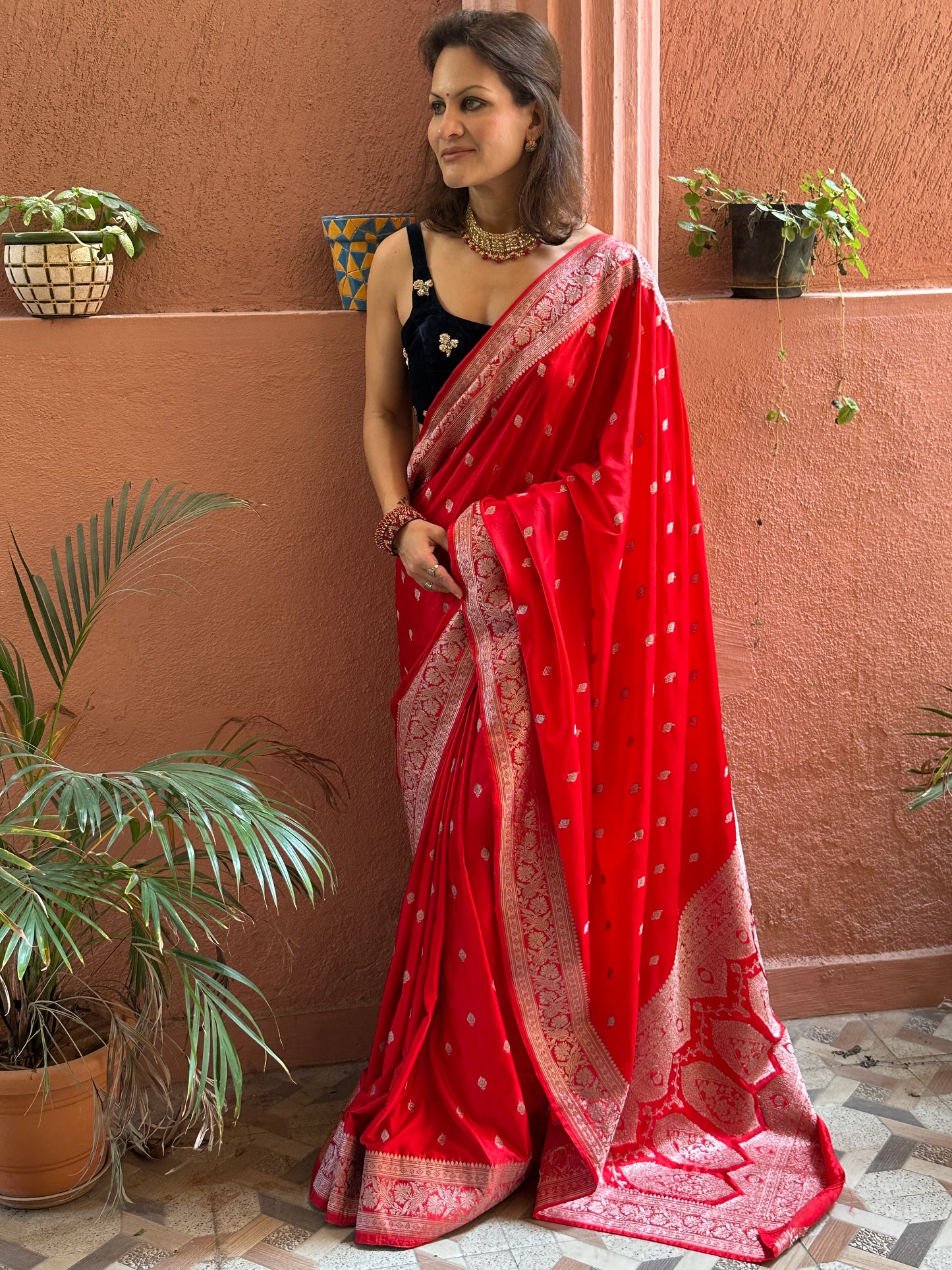 Red Mashru Silk Banarasi Saree with Silver & Gold Zari Work